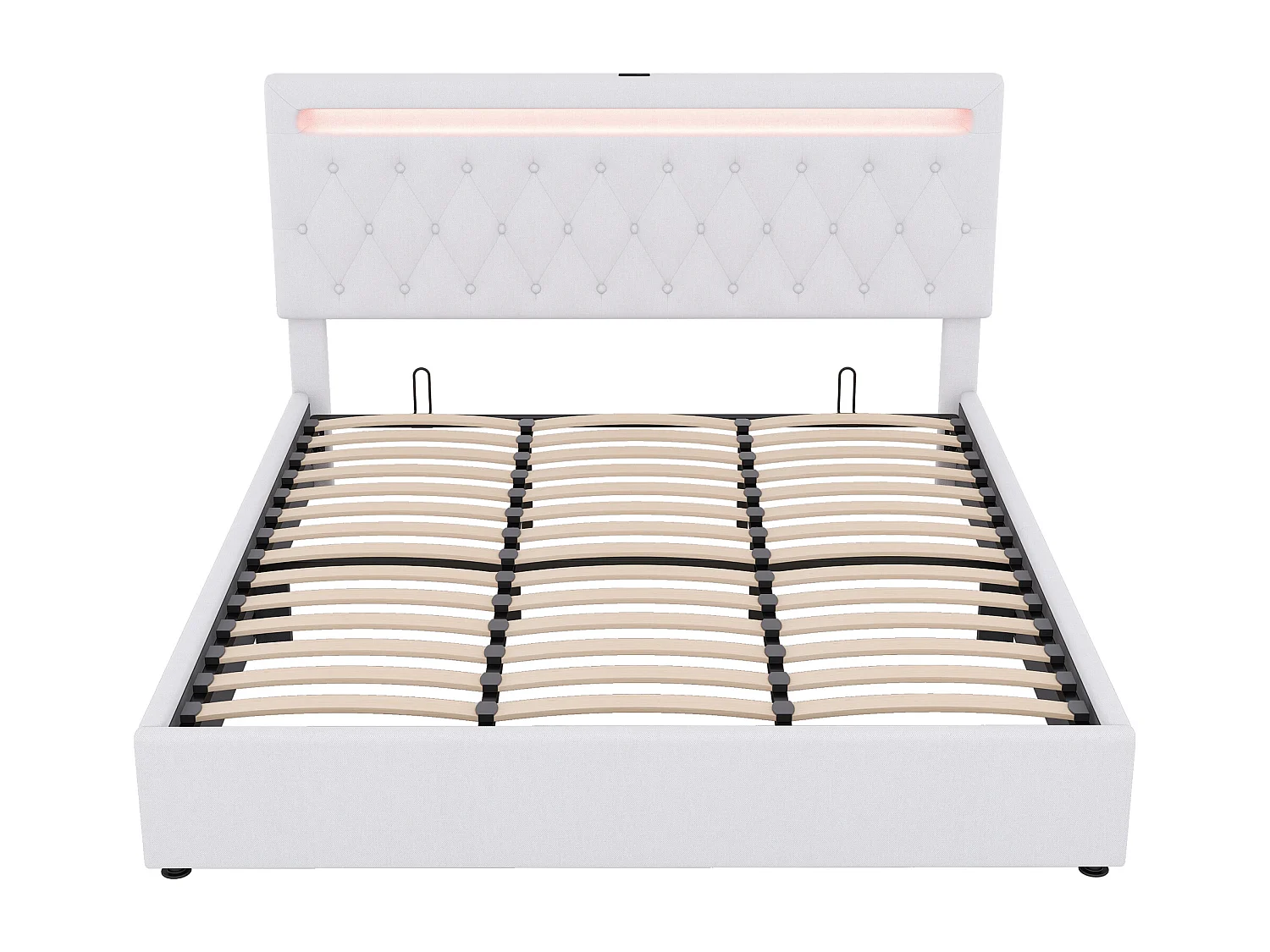 Lit coffre adulte 180x200 cm, avec LED et port USB, en lin blanc(sans matelas)