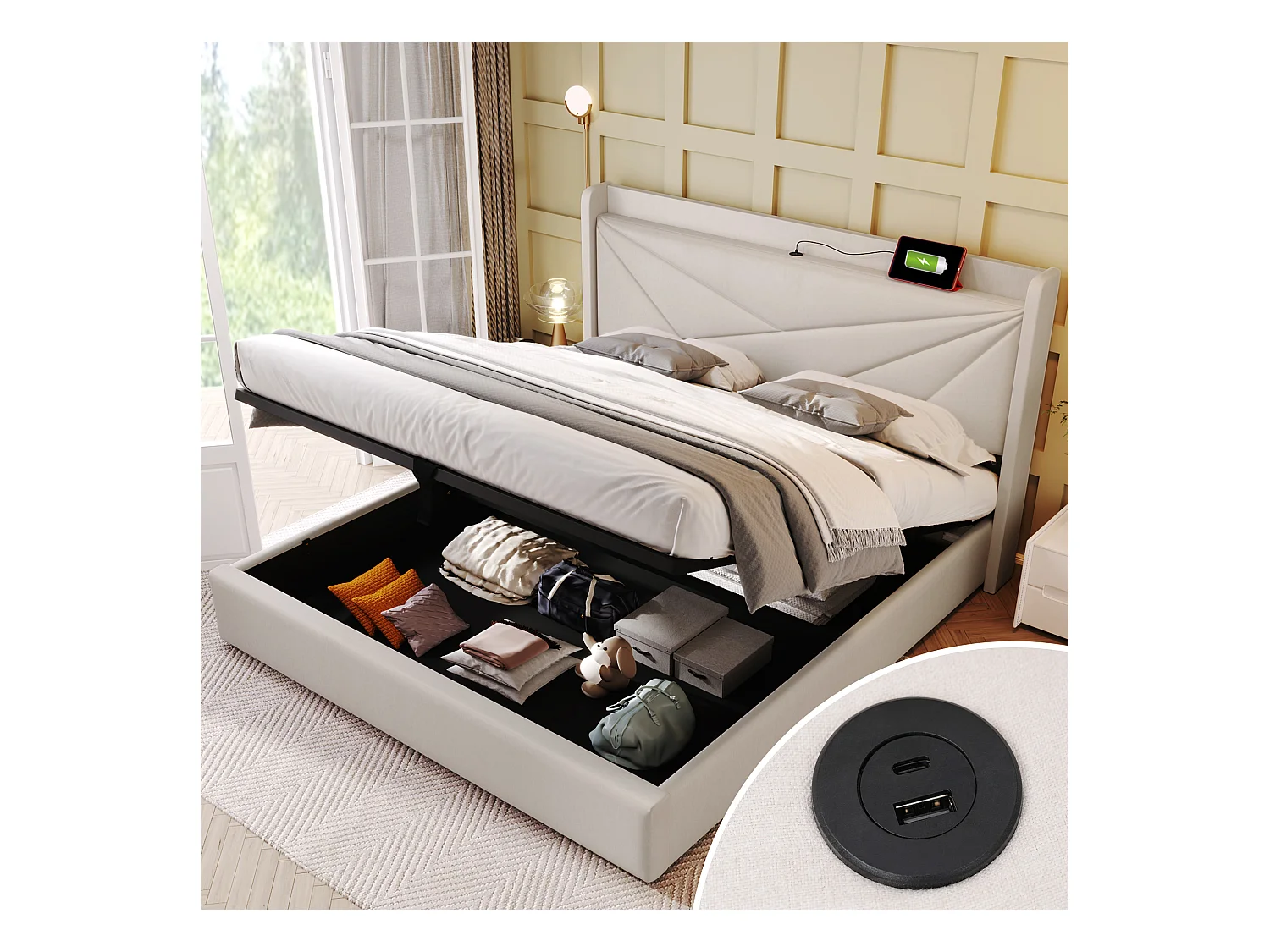 Lit coffre adulte 160x200 cm en lin beige avec USB Type C, tête de lit et sommier à lattes(sans matelas)