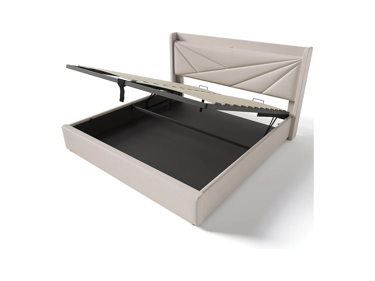 Lit coffre adulte 160x200 cm en lin beige avec USB Type C, tête de lit et sommier à lattes(sans matelas)