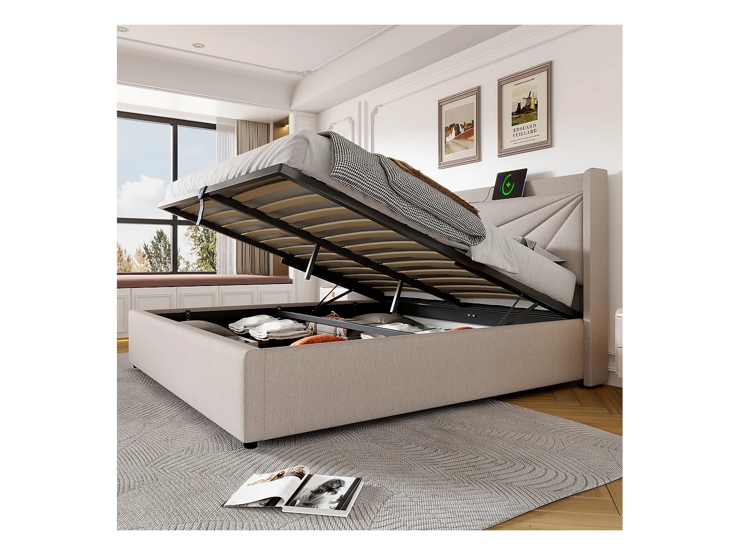 Lit coffre adulte 160x200 cm en lin beige avec USB Type C, tête de lit et sommier à lattes(sans matelas)