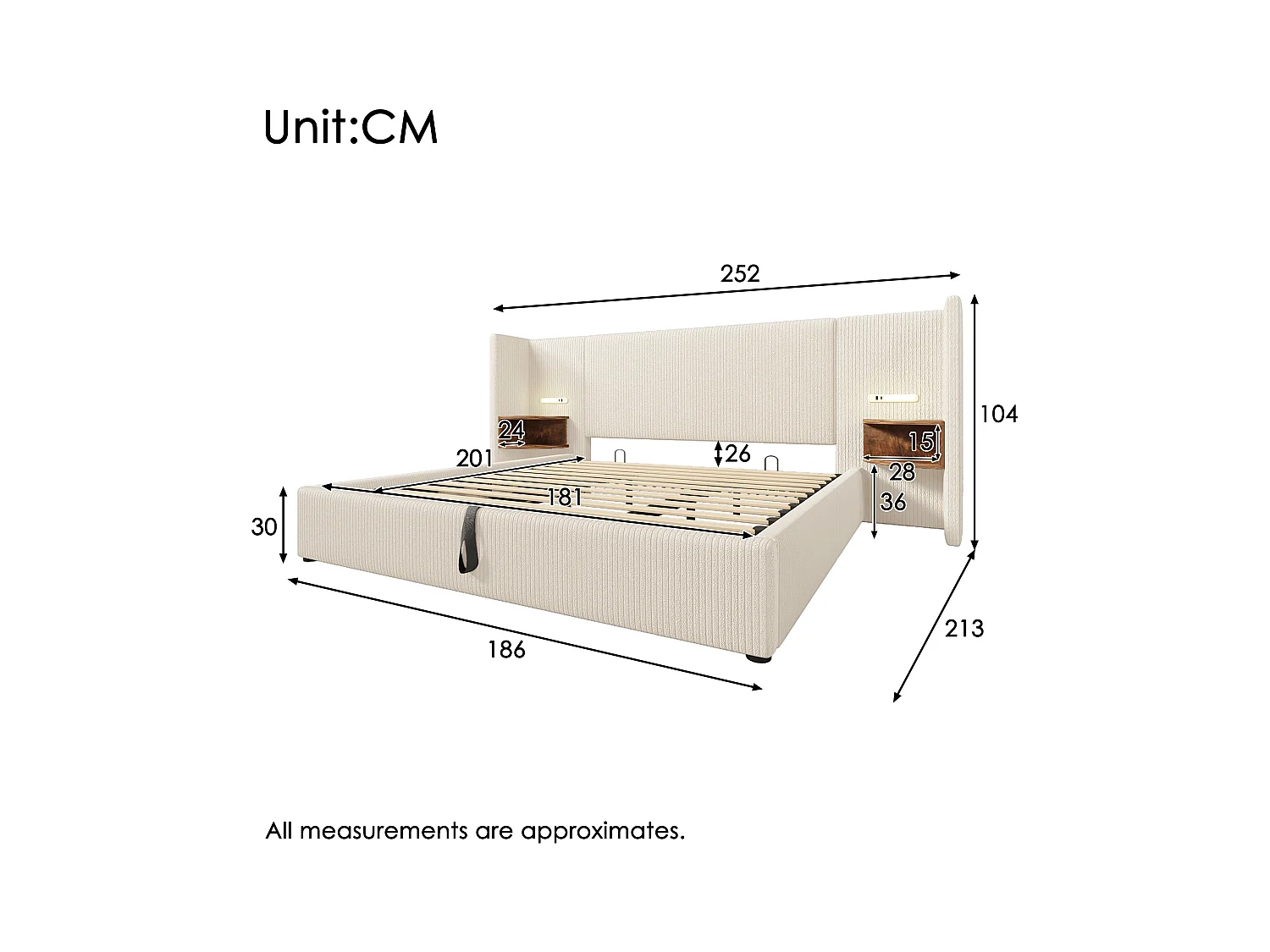 Lit coffre adulte 180x200 cm - Avec 2 compartiments de rangement, LED et USB - en velours beige(sans matelas)