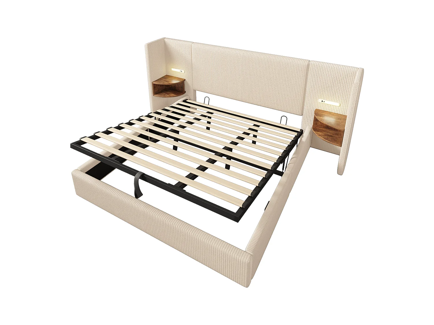 Lit coffre adulte 180x200 cm - Avec 2 compartiments de rangement, LED et USB - en velours beige(sans matelas)