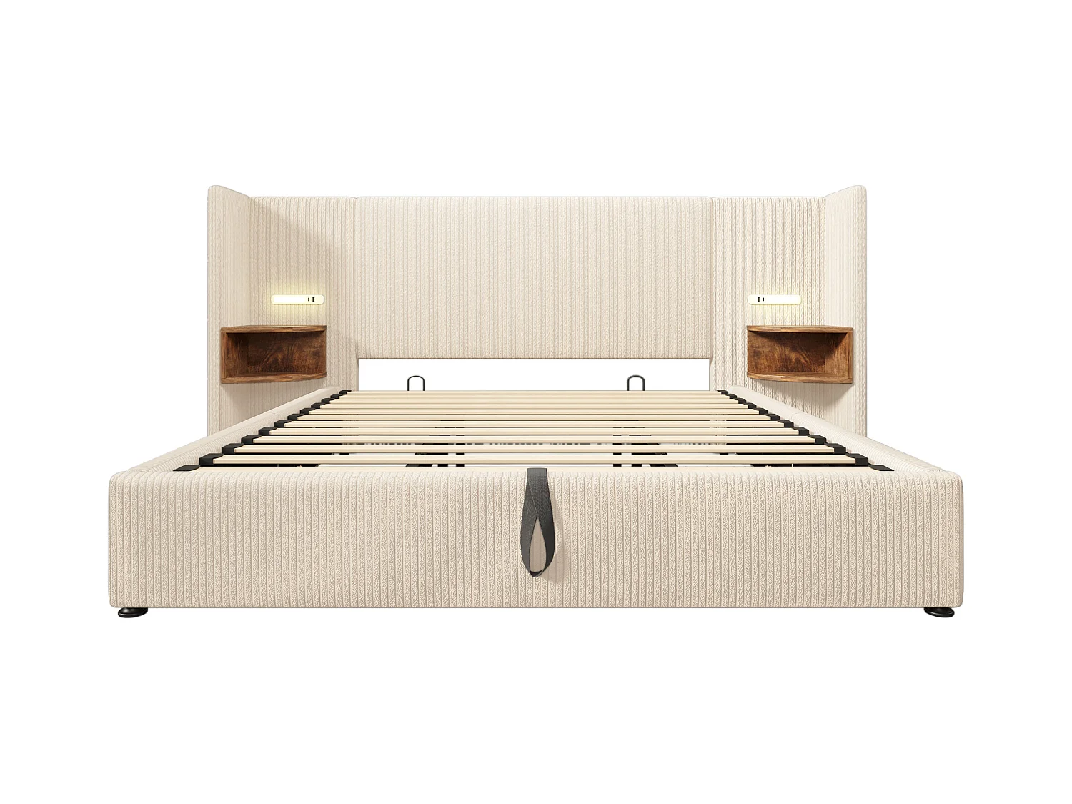 Lit coffre adulte 180x200 cm - Avec 2 compartiments de rangement, LED et USB - en velours beige(sans matelas)