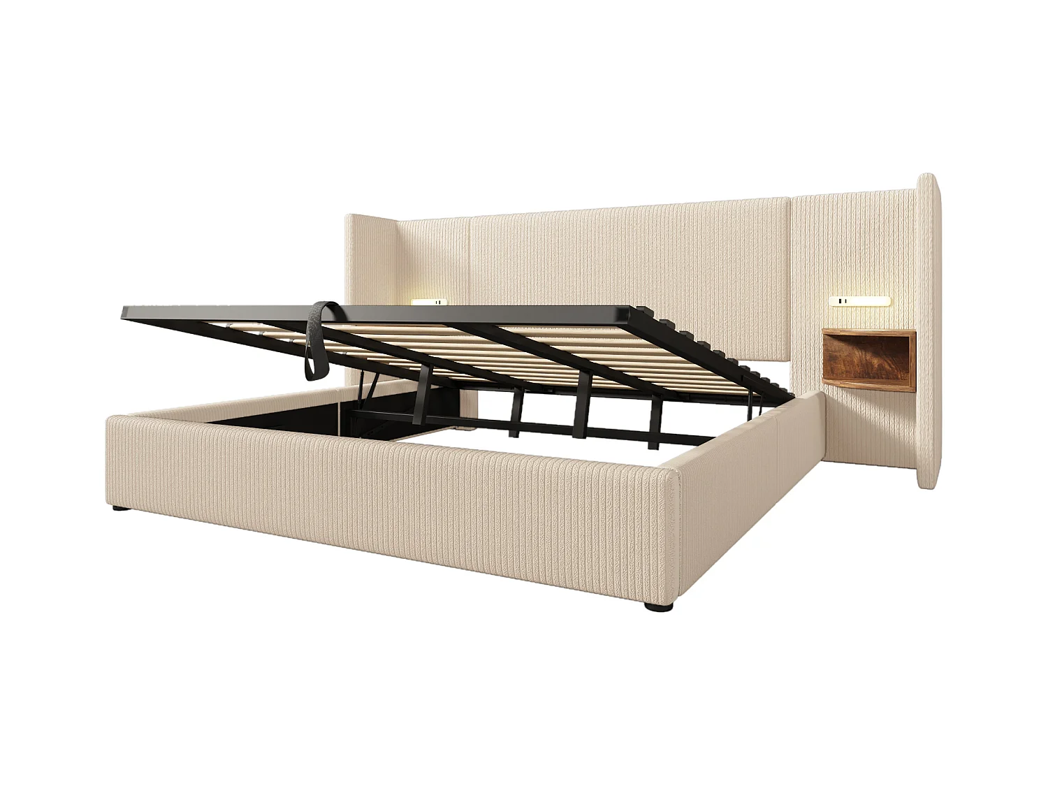 Lit coffre adulte 180x200 cm - Avec 2 compartiments de rangement, LED et USB - en velours beige(sans matelas)