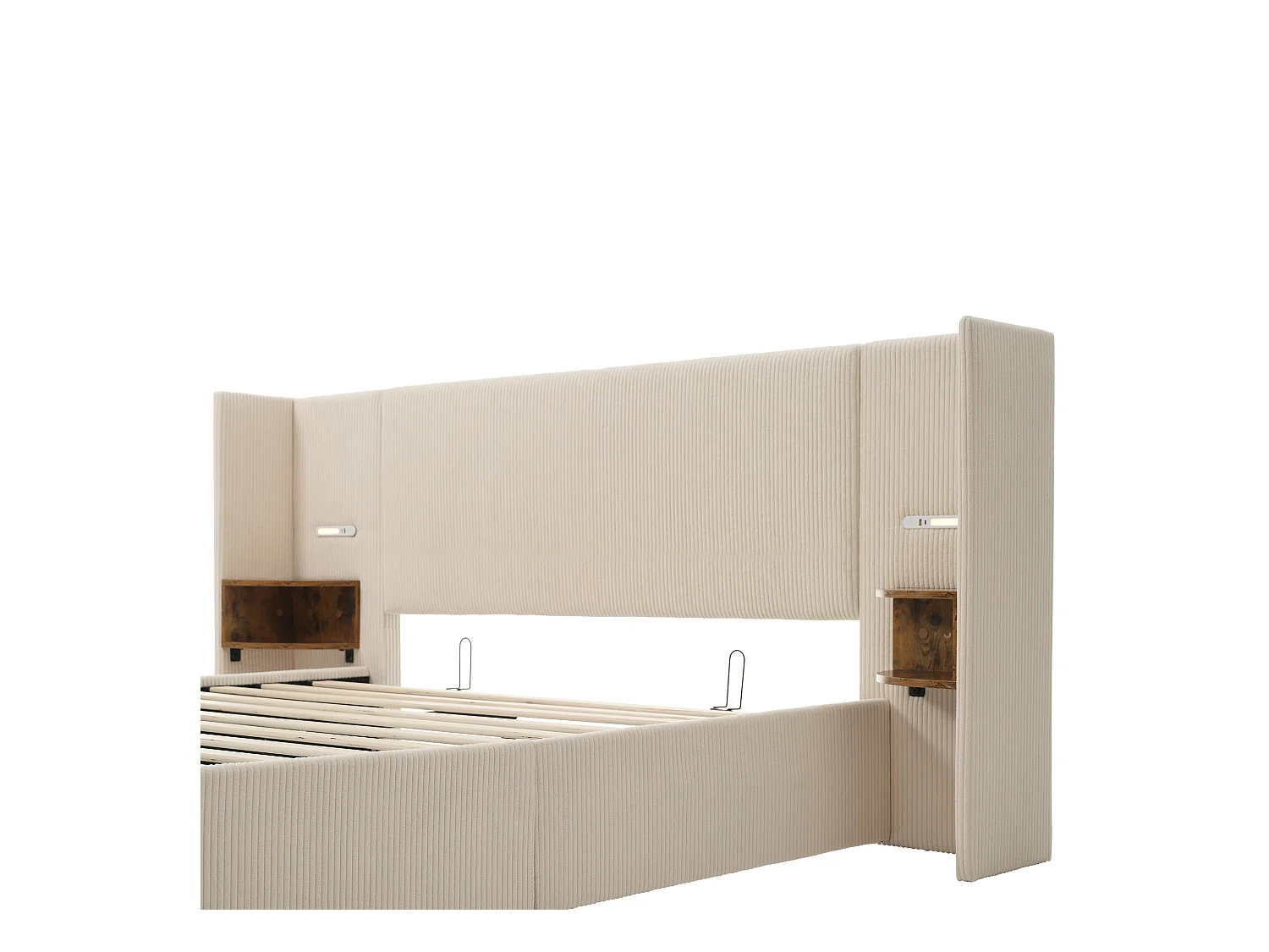 Lit coffre adulte 180x200 cm - Avec 2 compartiments de rangement, LED et USB - en velours beige(sans matelas)