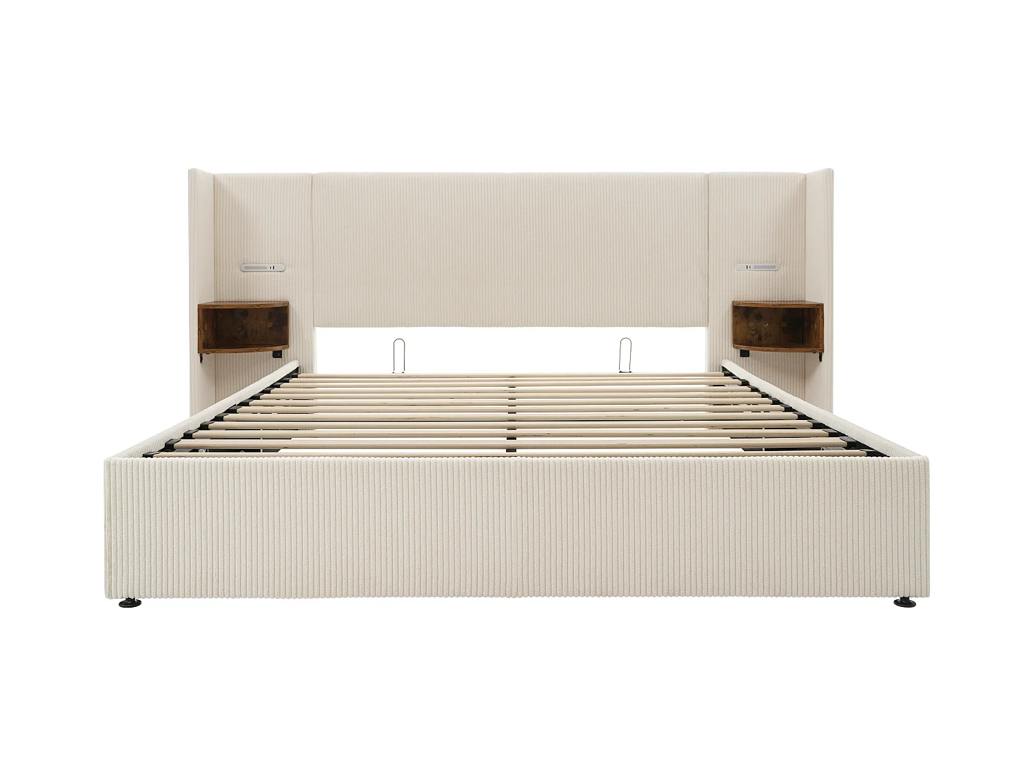 Lit coffre adulte 180x200 cm - Avec 2 compartiments de rangement, LED et USB - en velours beige(sans matelas)