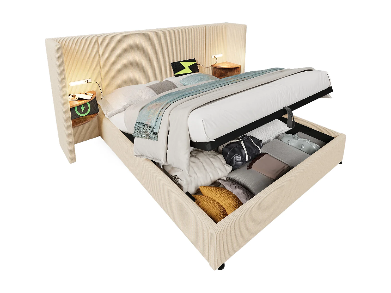 Cama de casal com arrumação 180x200 cm em veludo bege - 2 compartimentos, luz LED e porta USB (sem colchão)