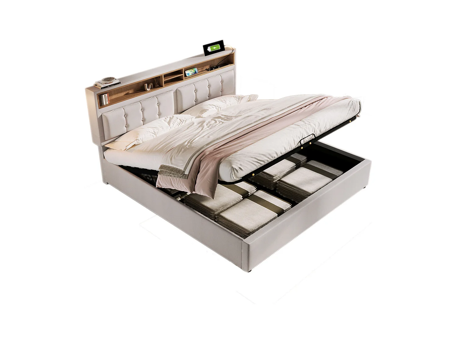 Lit coffre adulte 140x200 cm avec Lit avec tête de lit et prise USB-C en lin beige,sans matelas