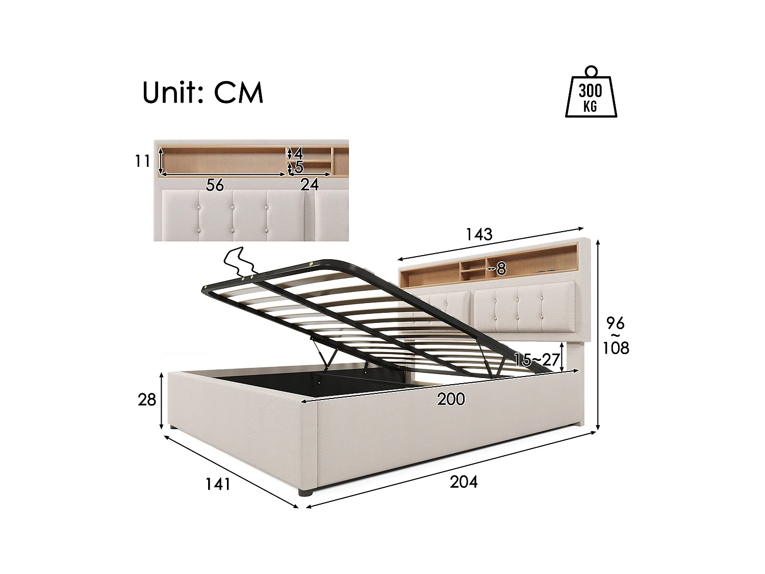 Lit coffre adulte 140x200 cm avec Lit avec tête de lit et prise USB-C en lin beige,sans matelas