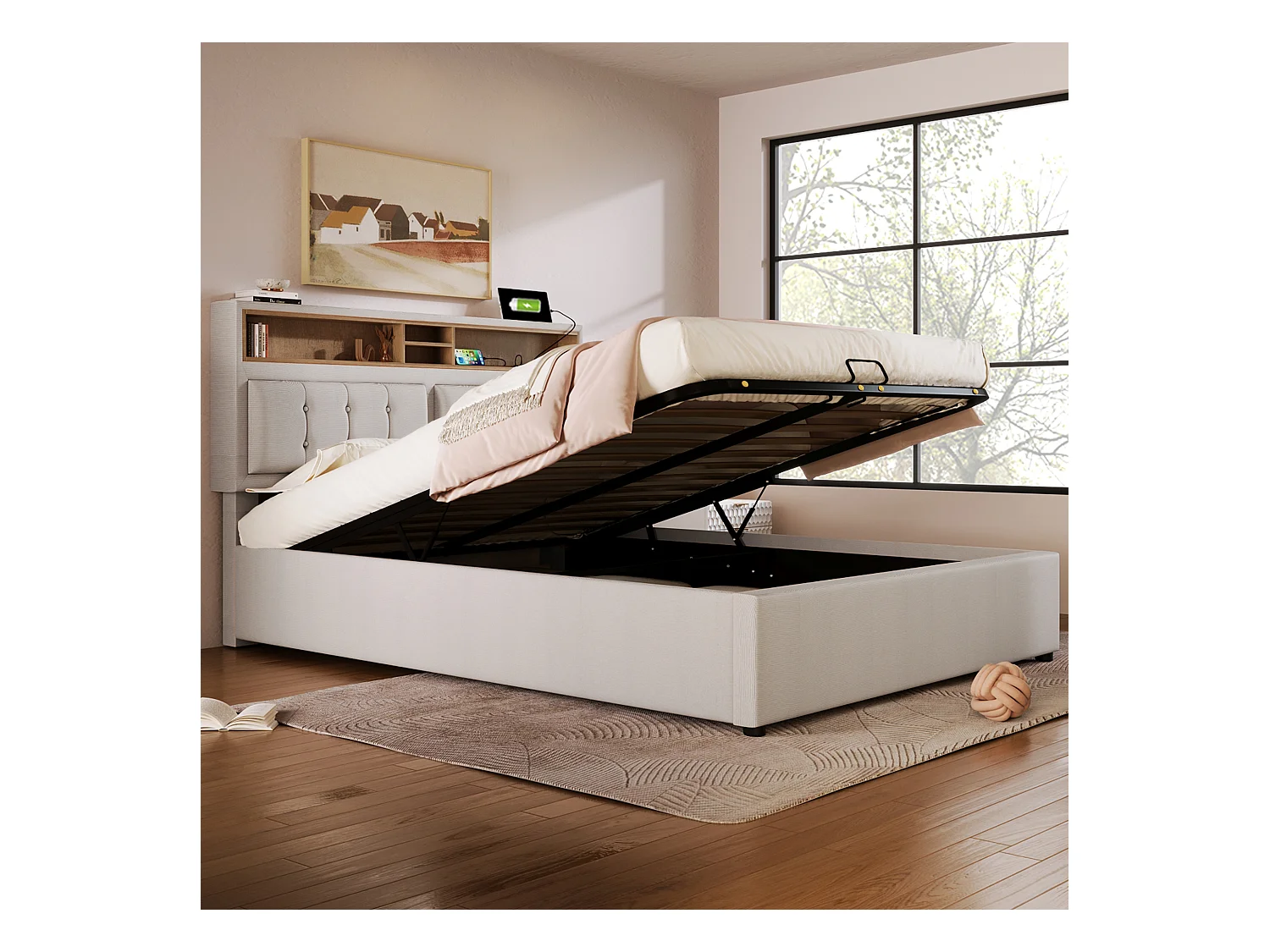 Lit coffre adulte 140x200 cm avec Lit avec tête de lit et prise USB-C en lin beige,sans matelas