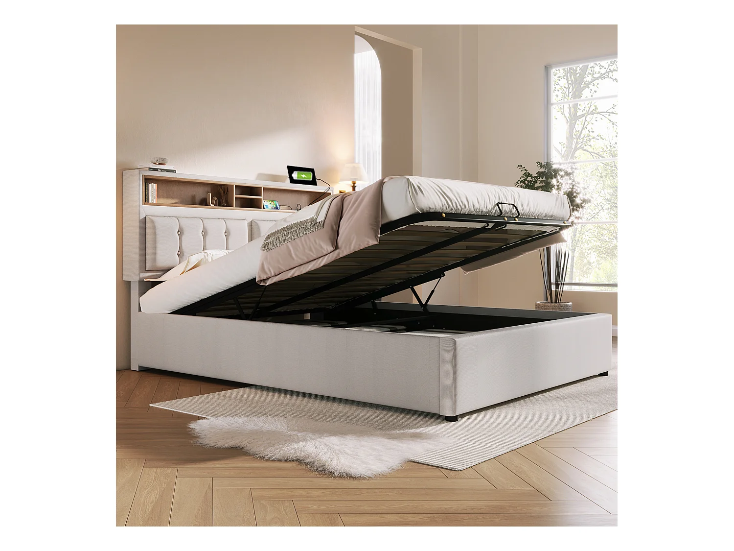 Lit coffre adulte 140x200 cm avec Lit avec tête de lit et prise USB-C en lin beige,sans matelas