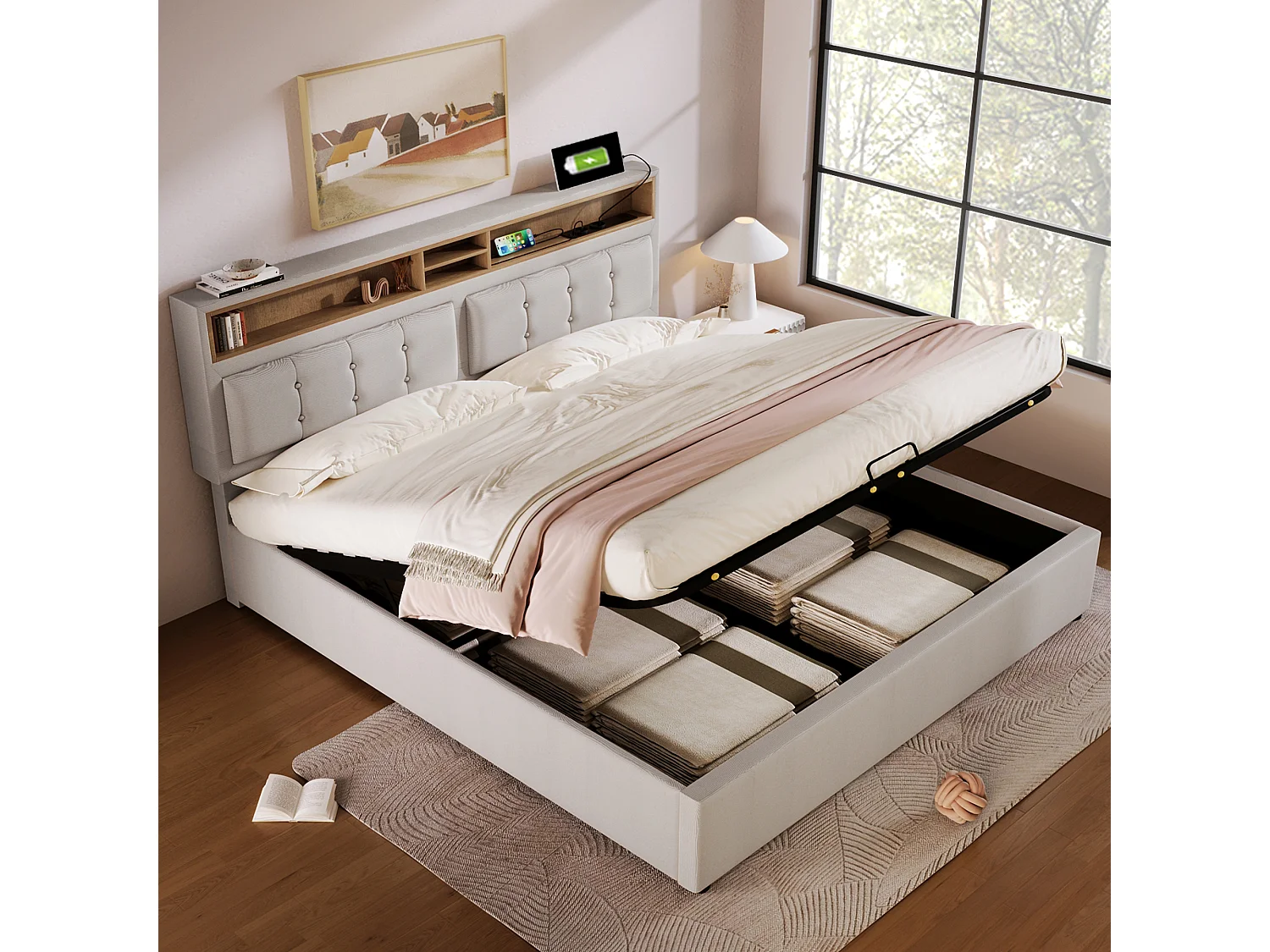 Lit coffre adulte 140x200 cm avec Lit avec tête de lit et prise USB-C en lin beige,sans matelas