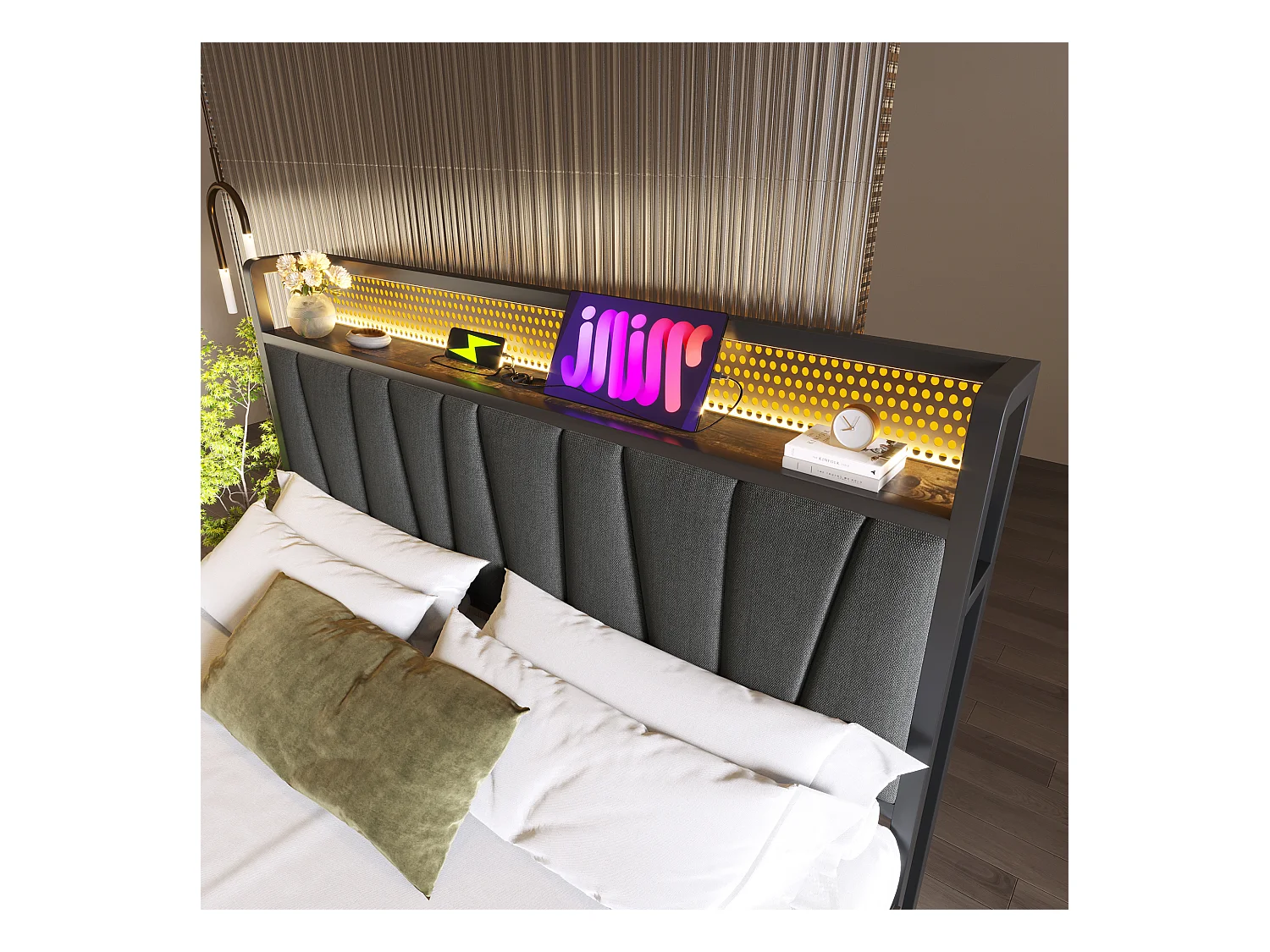 Lit coffre adulte 140x200 cm en métal avec éclairage LED et USB, tête de lit et sommier à lattes en bois - Gris (sans matelas)