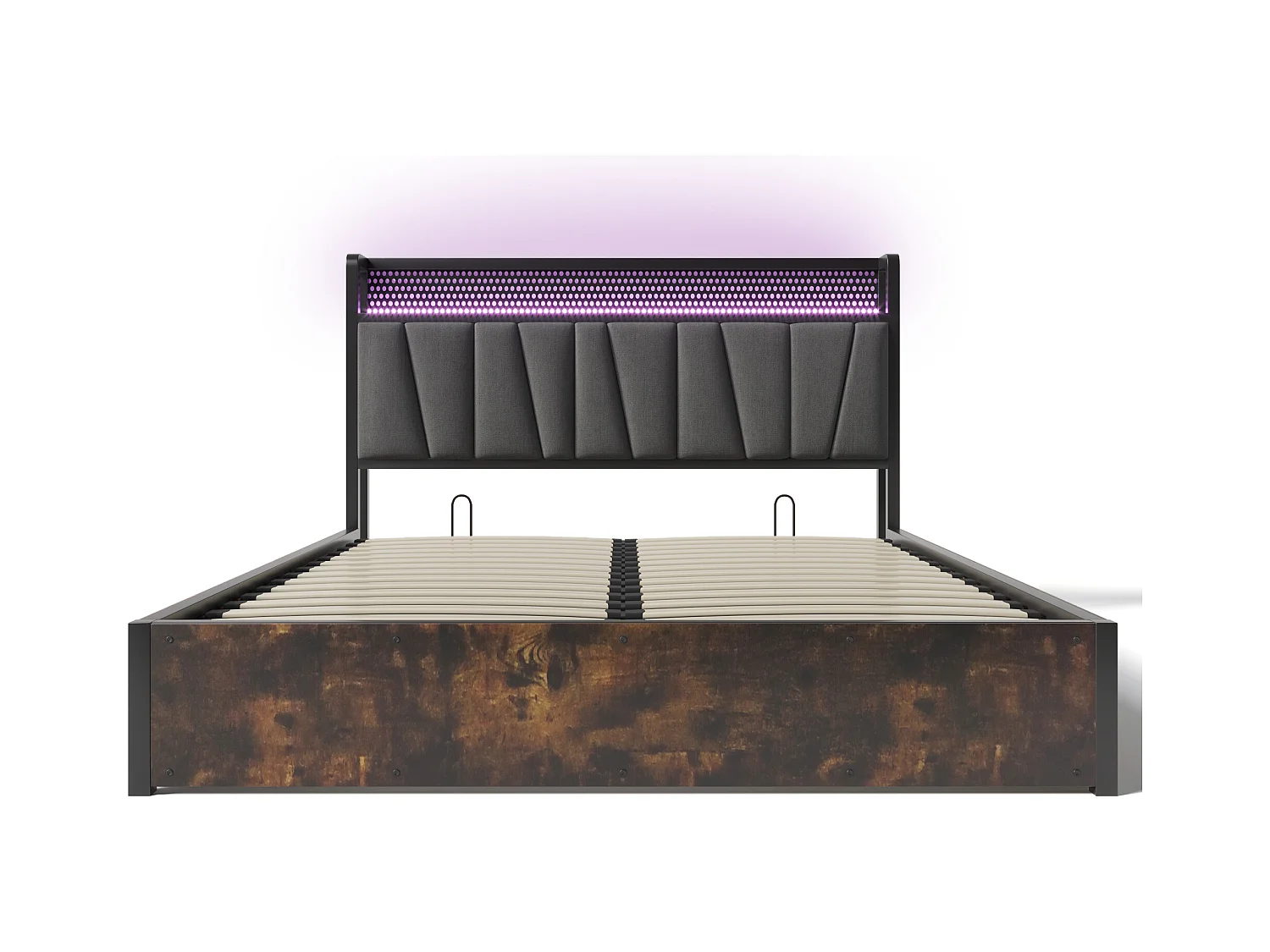 Lit coffre adulte 140x200 cm en métal avec éclairage LED et USB, tête de lit et sommier à lattes en bois - Gris (sans matelas)