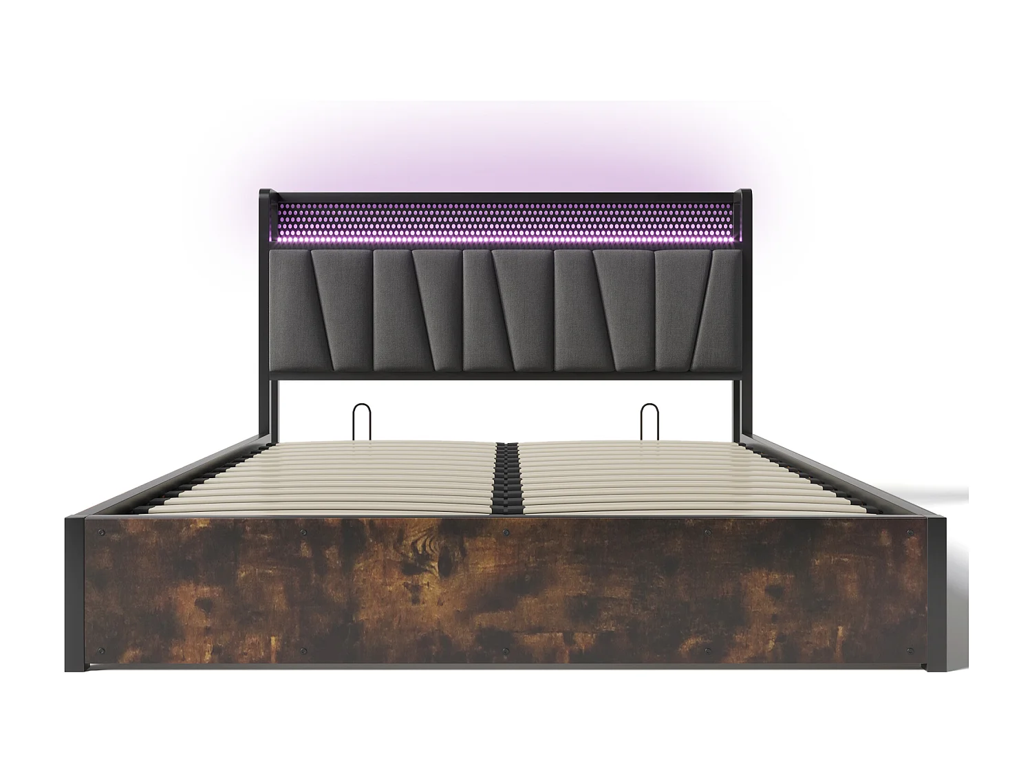 Lit coffre adulte 140x200 cm en métal avec éclairage LED et USB, tête de lit et sommier à lattes en bois - Gris (sans matelas)