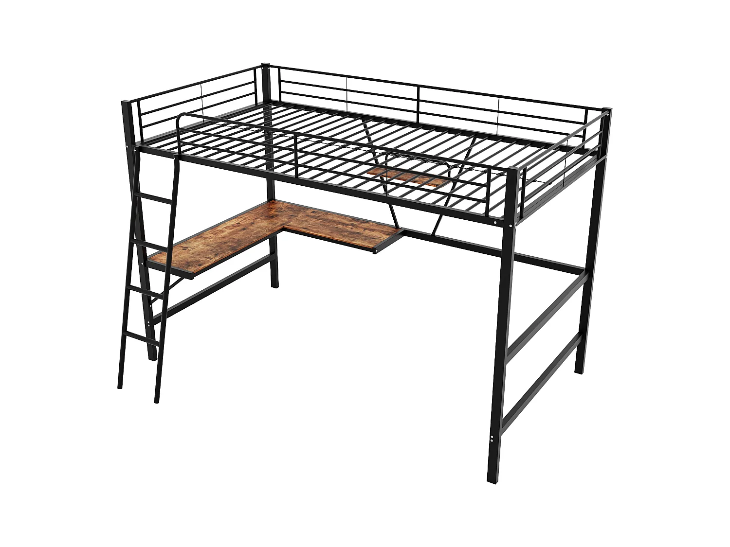 Lit mezzanine métallique 90x200 cm avec bureau en L et étagère - Noir(sans matelas)