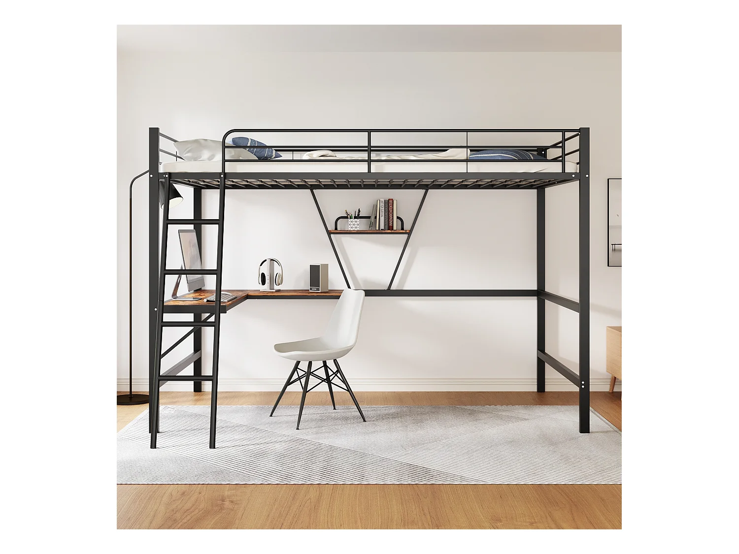 Lit mezzanine métallique 90x200 cm avec bureau en L et étagère - Noir(sans matelas)