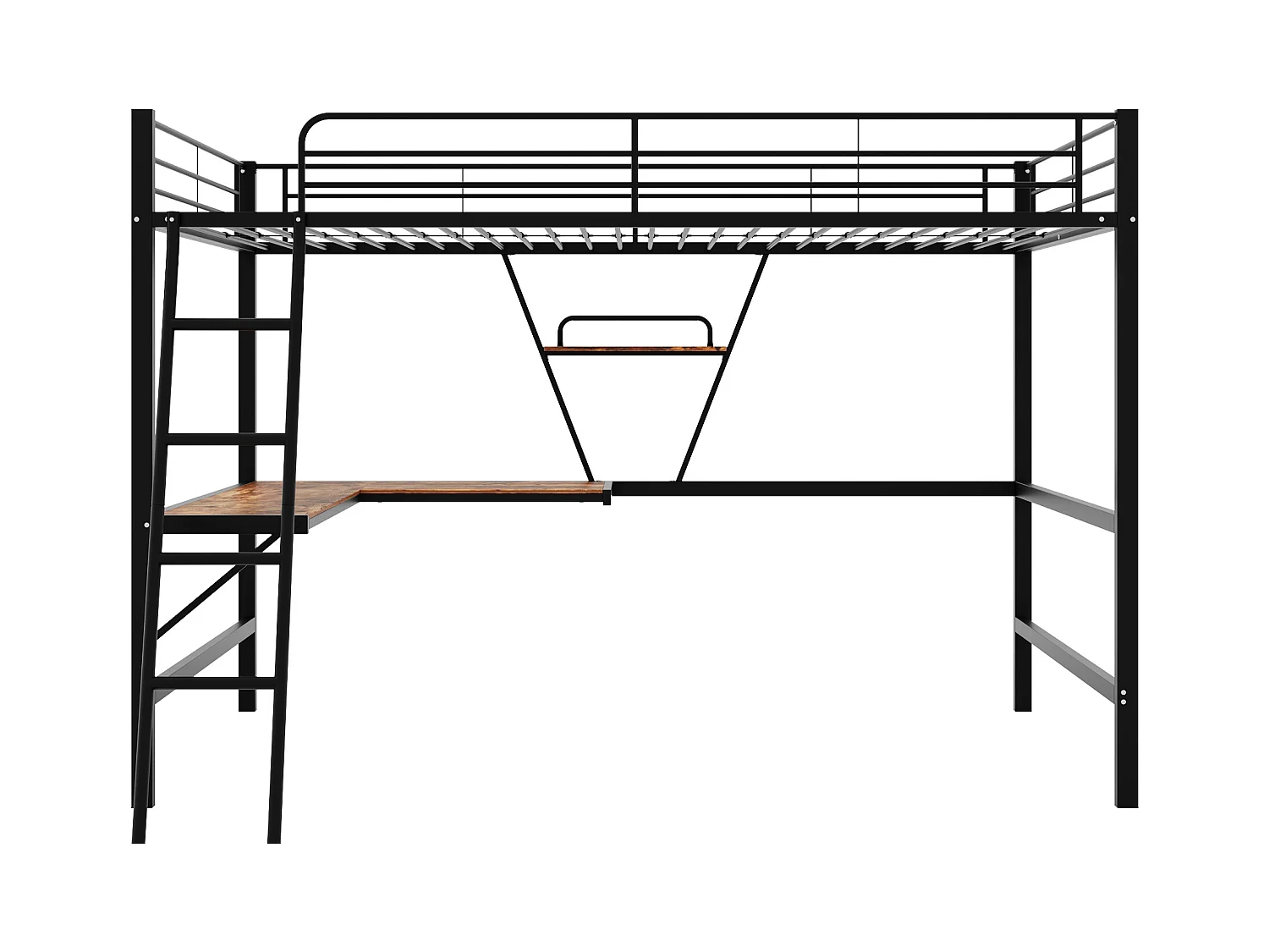 Lit mezzanine métallique 90x200 cm avec bureau en L et étagère - Noir(sans matelas)