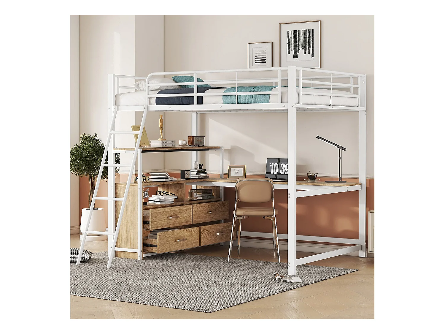 Lit mezzanine 140x200 cm avec bureau , tiroirs et escalier - Structure métal blanc (sans matelas)