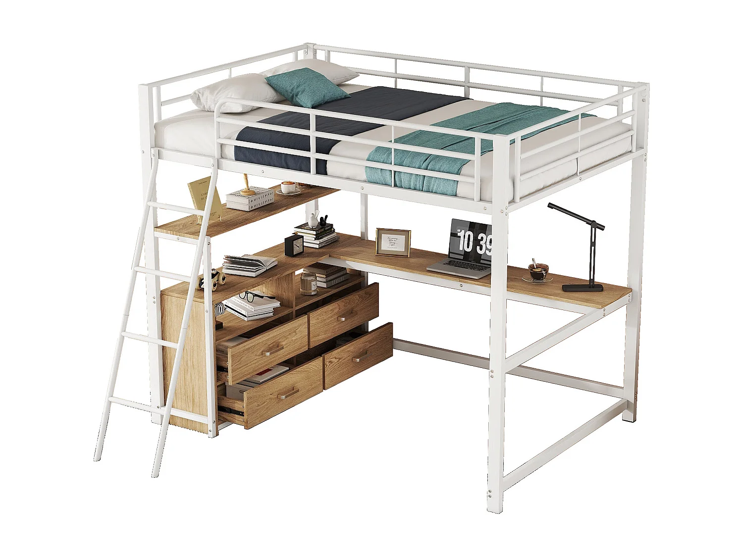 Stapelbed 140x200 cm met bureau - Wit metalen frame (zonder matras)