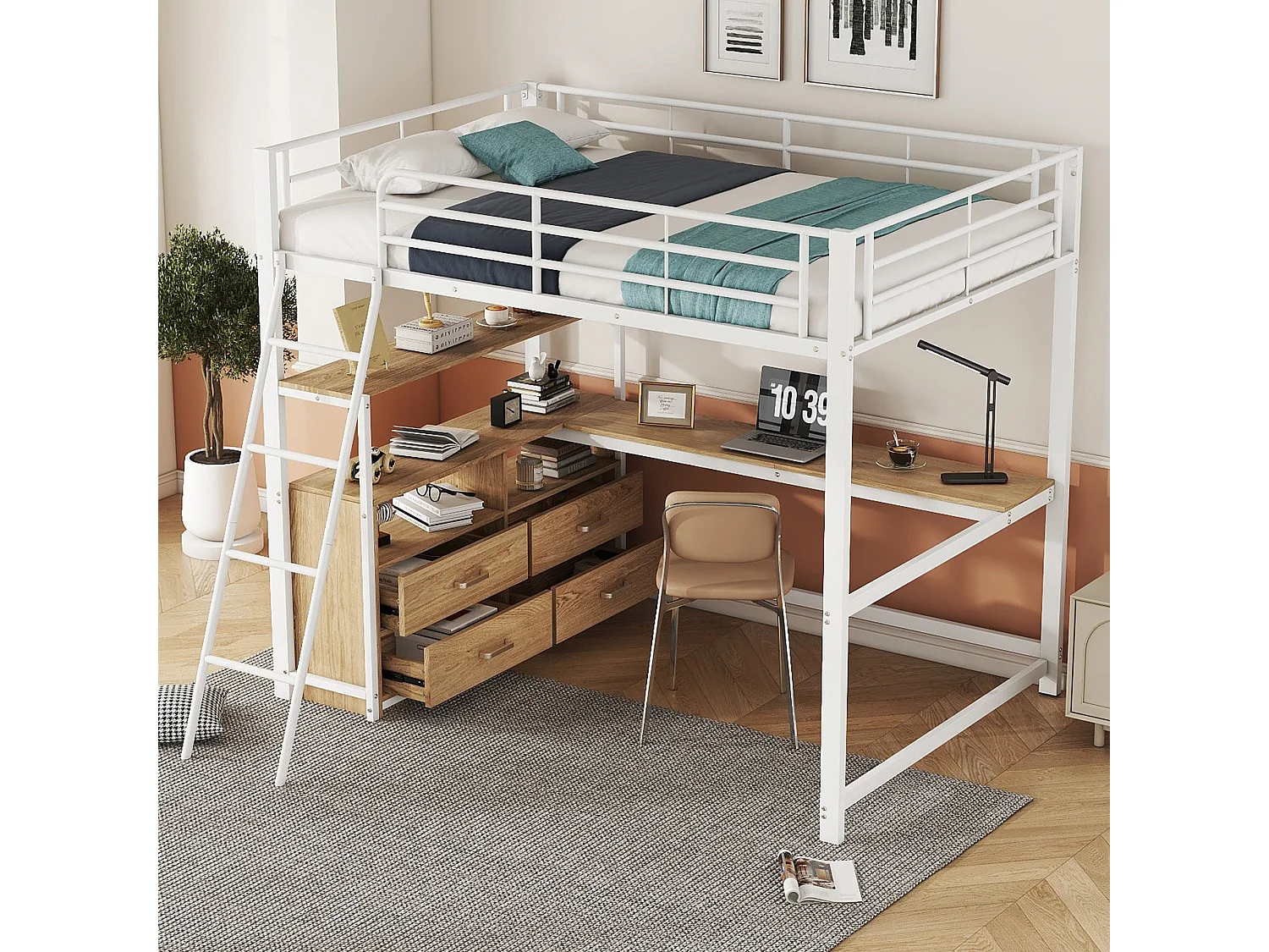 Stapelbed 140x200 cm met bureau - Wit metalen frame (zonder matras)