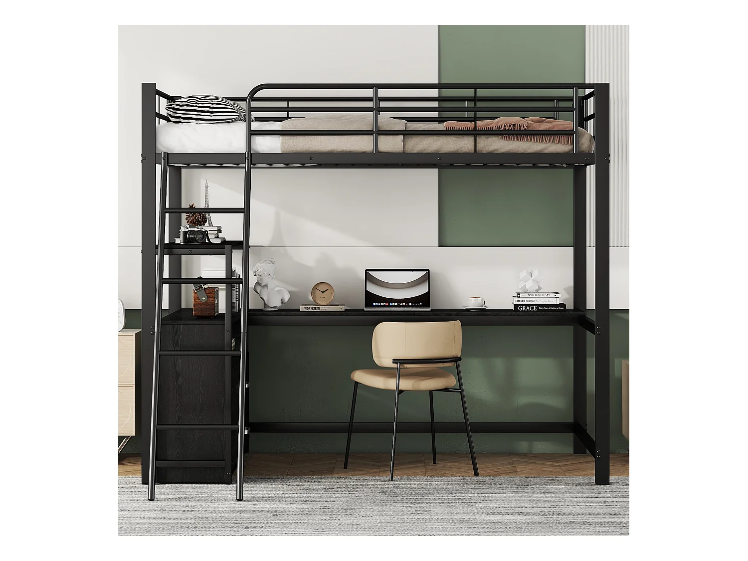 Lit mezzanine 90x200 cm avec tiroirs et bureau L design élégant ,cadre en fer - Noir (sans matelas)