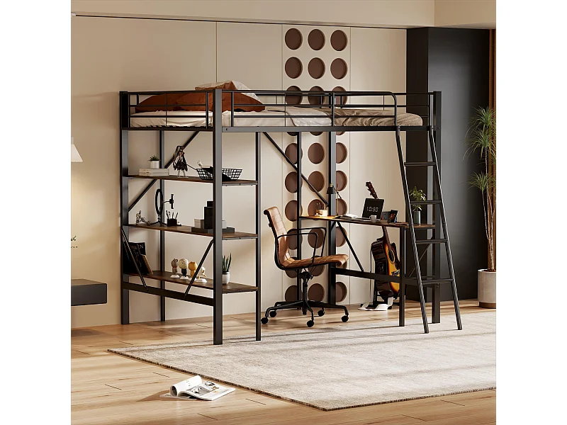 Cama alta infantil 90x200 cm com secretária e três prateleiras grandes, estrutura em metal preto (sem colchão)