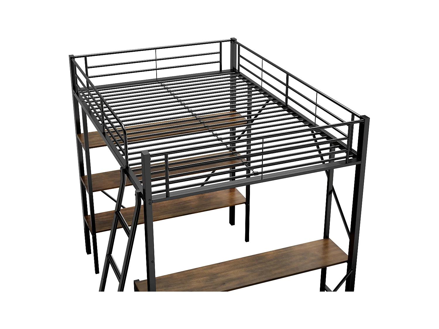 Letto a soppalco per bambini 90x200 cm con scrivania e tre grandi scaffali, struttura in metallo nero (senza materasso)