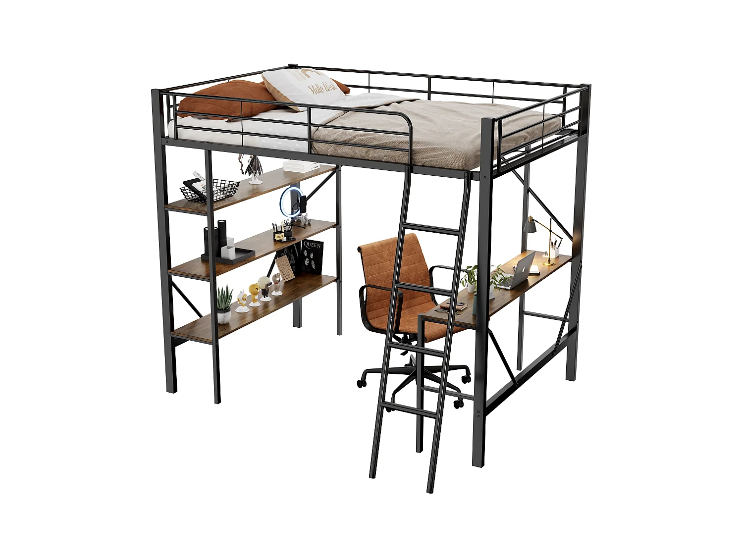 lit mezzanine enfant 90x200 cm, avec bureau et trois grandes étagères, structure en Métal noir(sans matelas)