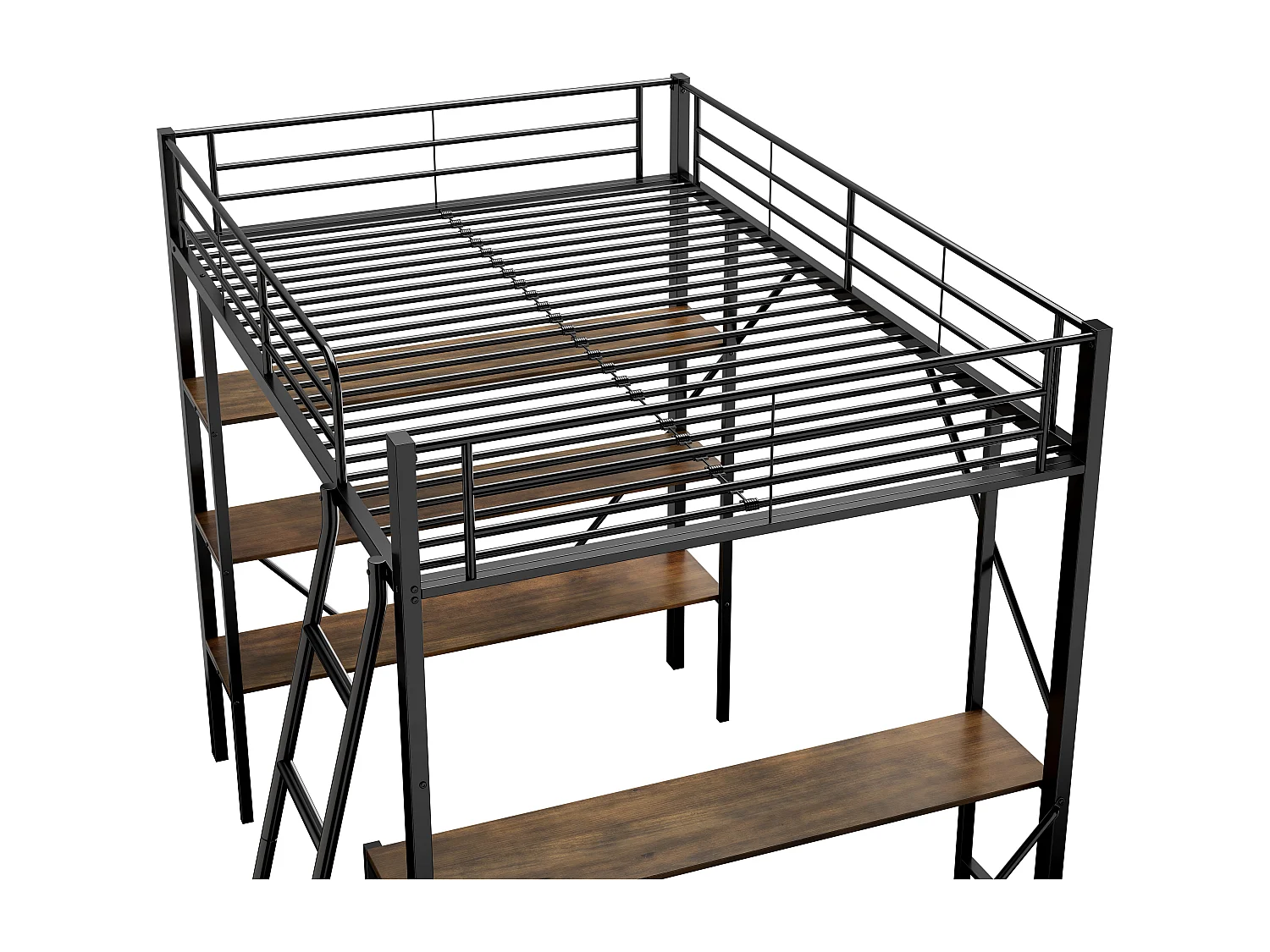 Letto a soppalco per bambini 90x200 cm con scrivania e tre grandi scaffali, struttura in metallo nero (senza materasso)