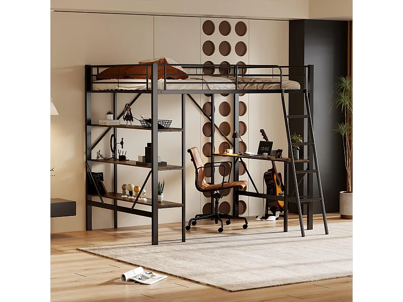 Cama alta infantil 90x200 cm com secretária e três prateleiras grandes, estrutura em metal preto (sem colchão)