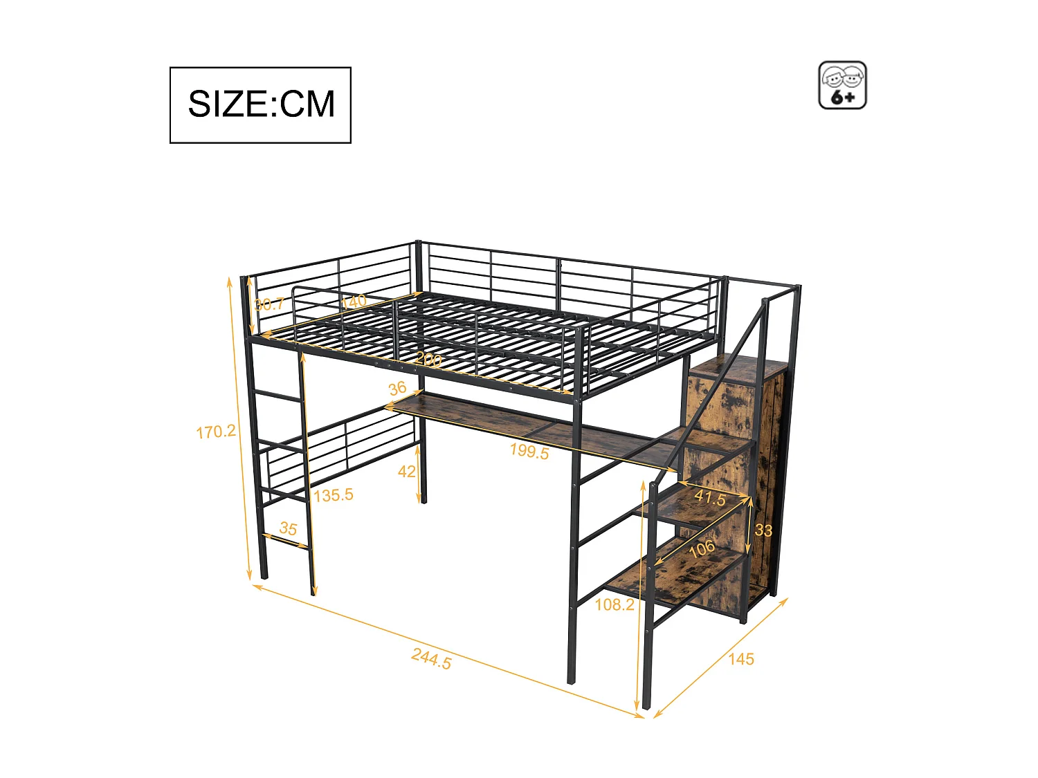 Halfhoogslaper 140x200 cm met bureau – Zwart metalen frame (zonder matras)