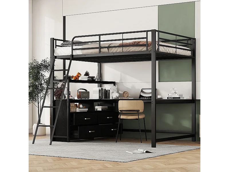 Cama loft 140x200 cm con estructura de hierro, cajones y escritorio en L – Negra (sin colchón)