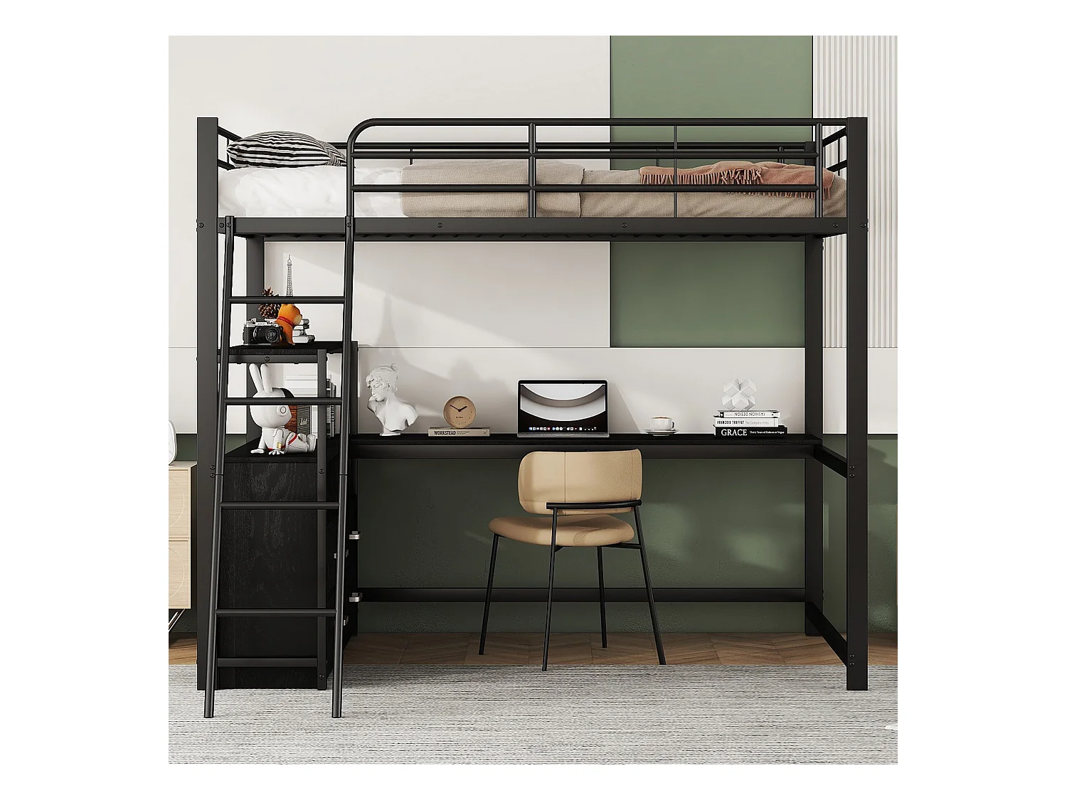 Hoogslaper 140x200 cm met ijzeren frame, lades en L-vormig bureau – Zwart (zonder matras)