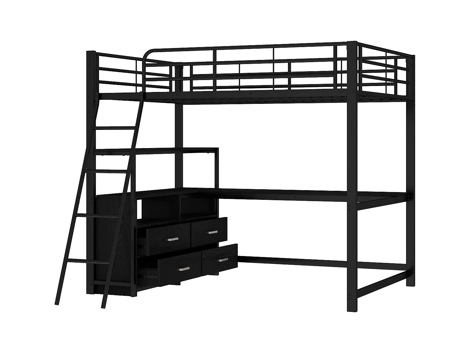 Hoogslaper 140x200 cm met ijzeren frame, lades en L-vormig bureau – Zwart (zonder matras)