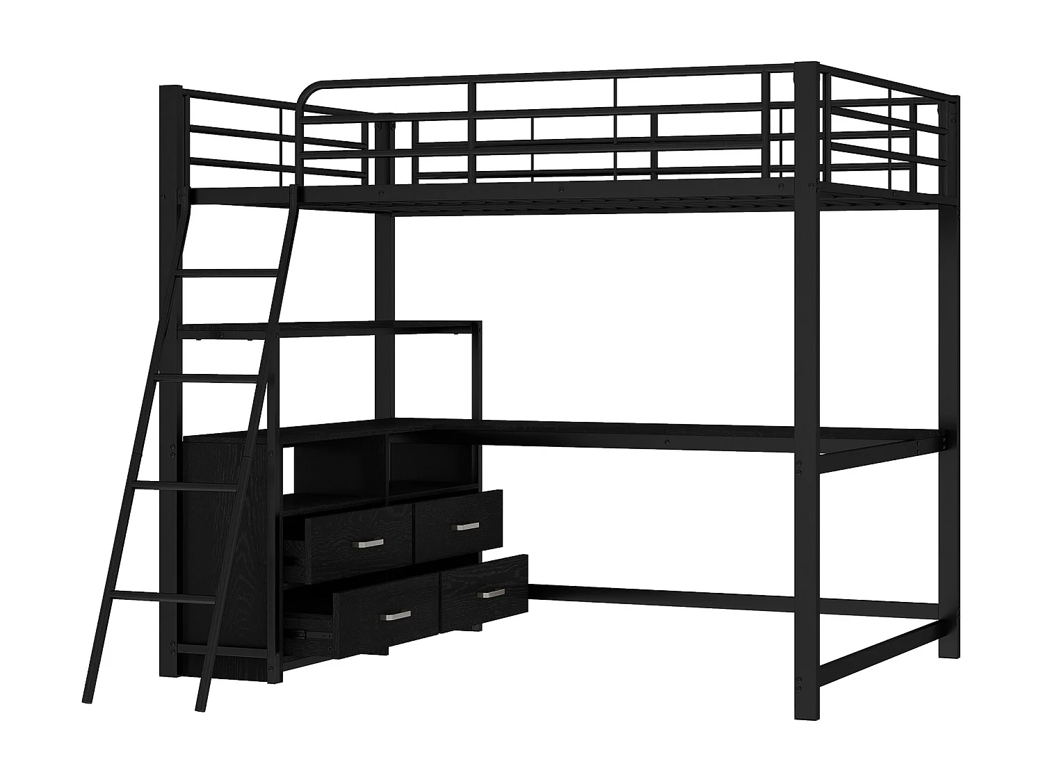 Lit mezzanine 140x200 cm, cadre en fer, avec tiroirs et bureau L - Noir (sans matelas)