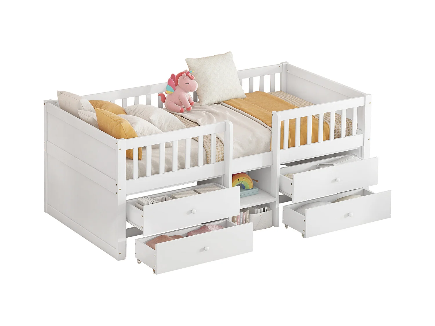 Lit mi-hauteur 90x200 cm en pin blanc - 4 tiroirs, rampe et échelle, style minimaliste (sans matelas)