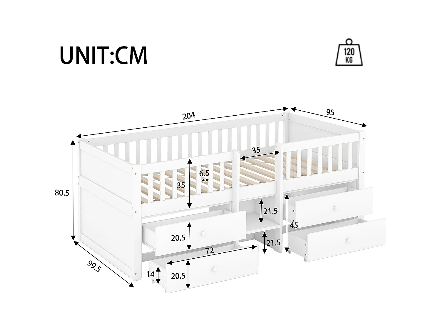 Lit mi-hauteur 90x200 cm en pin blanc - 4 tiroirs, rampe et échelle, style minimaliste (sans matelas)