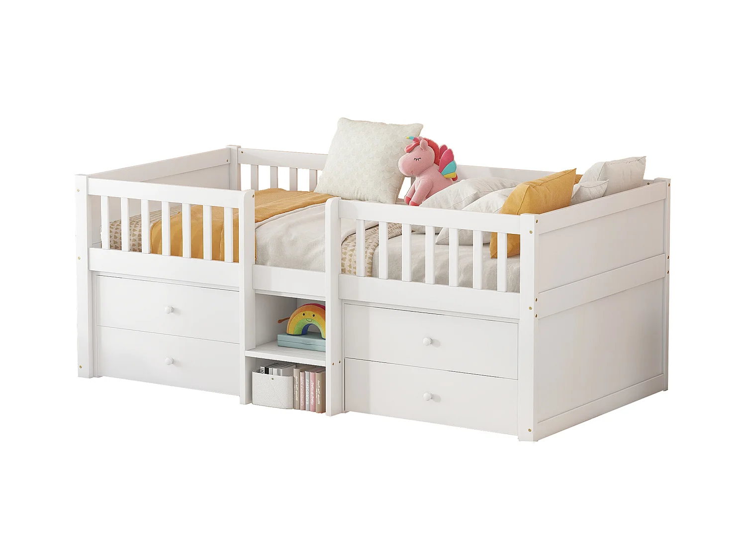 Lit mi-hauteur 90x200 cm en pin blanc - 4 tiroirs, rampe et échelle, style minimaliste (sans matelas)