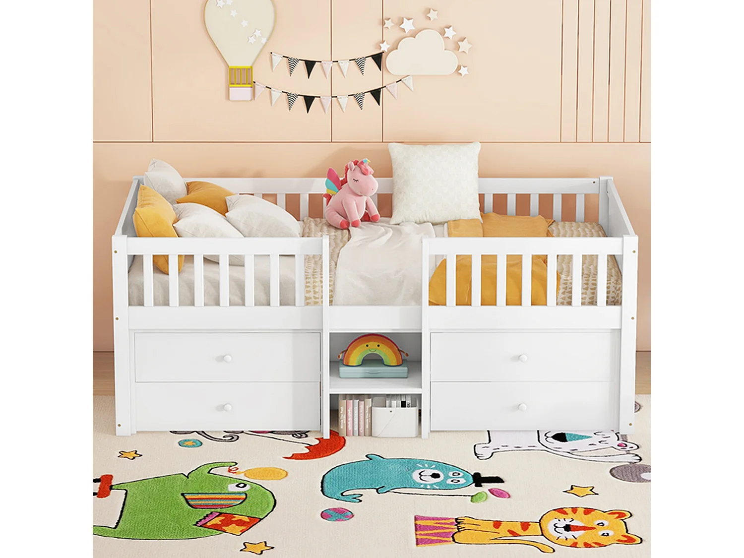 Cama meia altura 90x200 cm em pinho branco - 4 gavetas, rampa e escada, estilo minimalista (sem colchão)