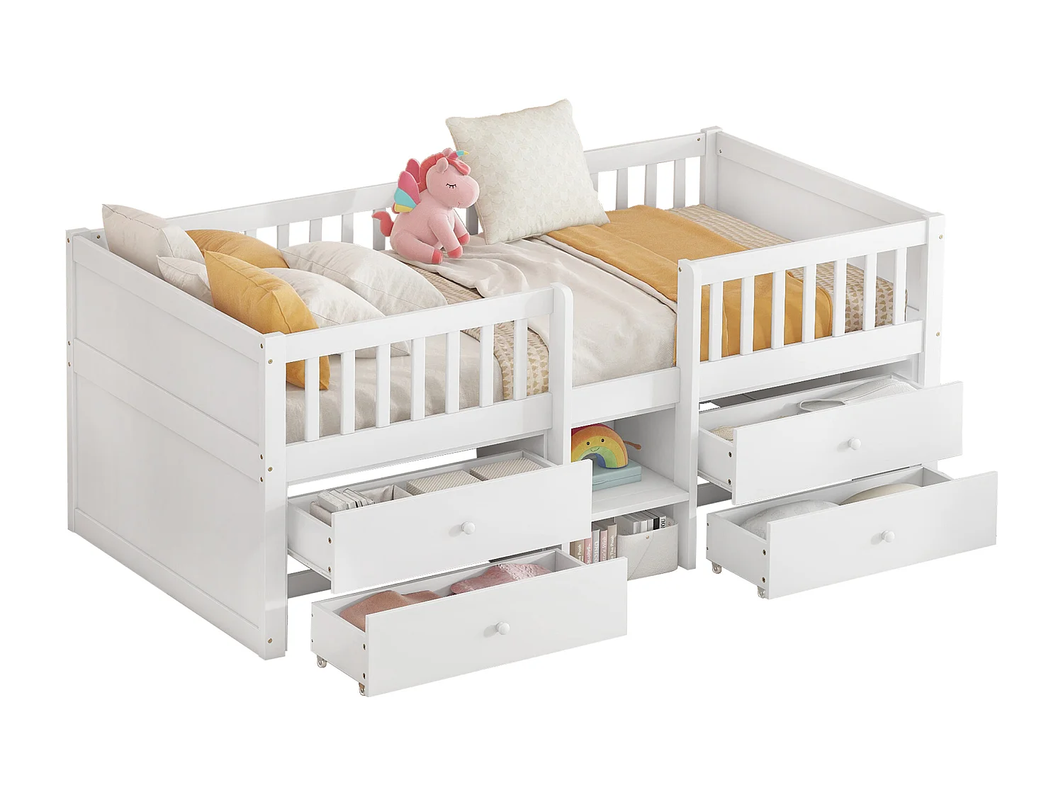 Cama meia altura 90x200 cm em pinho branco - 4 gavetas, rampa e escada, estilo minimalista (sem colchão)