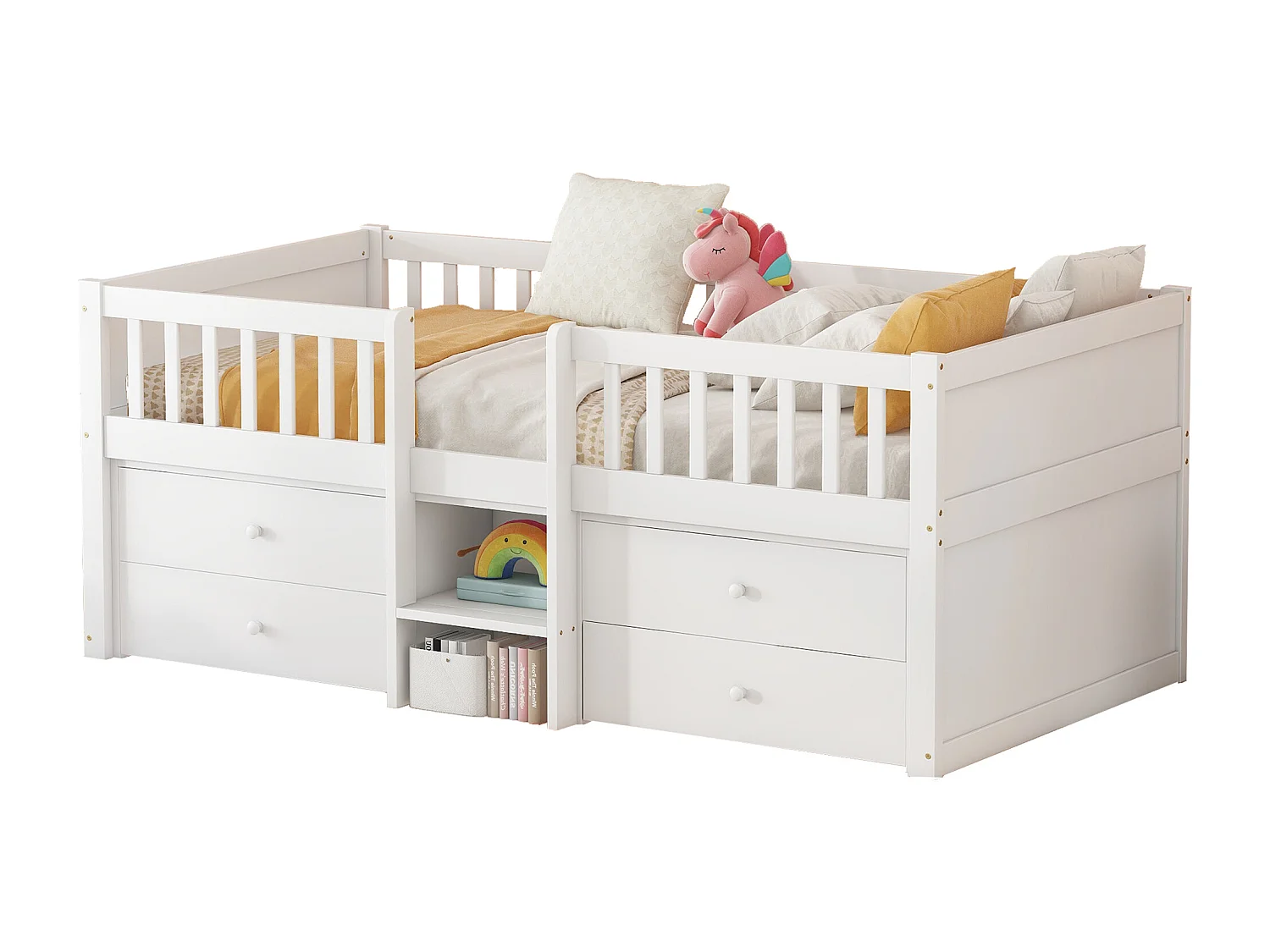 Cama meia altura 90x200 cm em pinho branco - 4 gavetas, rampa e escada, estilo minimalista (sem colchão)