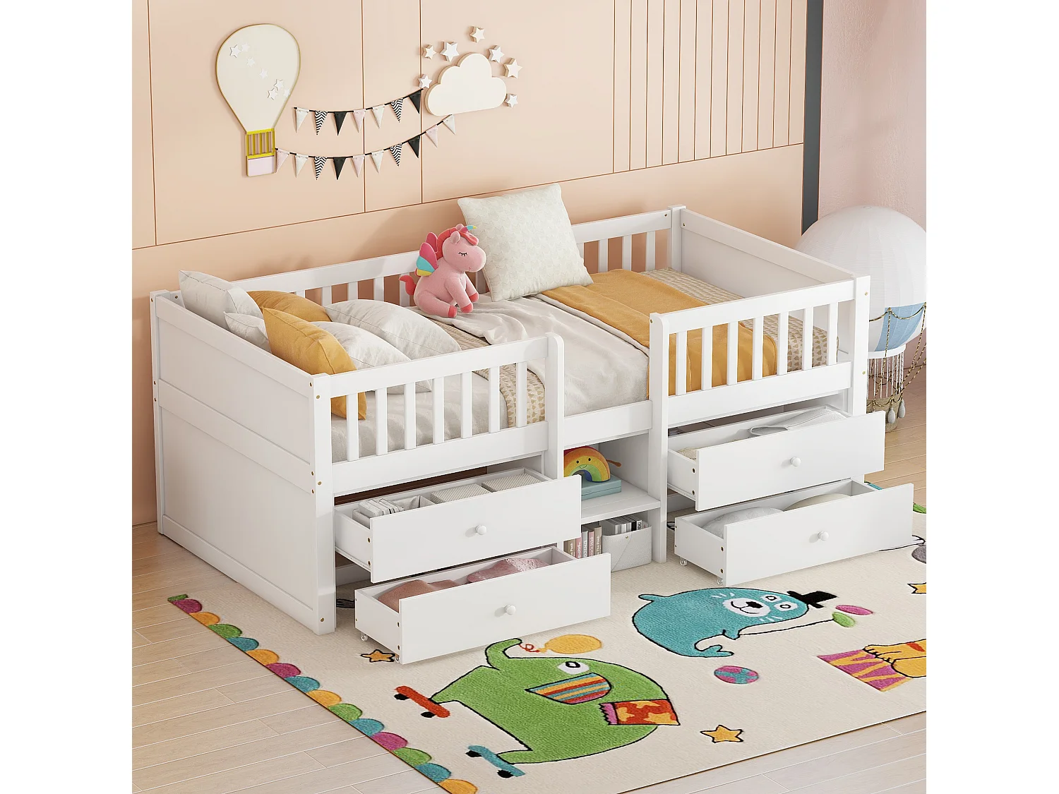 Cama meia altura 90x200 cm em pinho branco - 4 gavetas, rampa e escada, estilo minimalista (sem colchão)