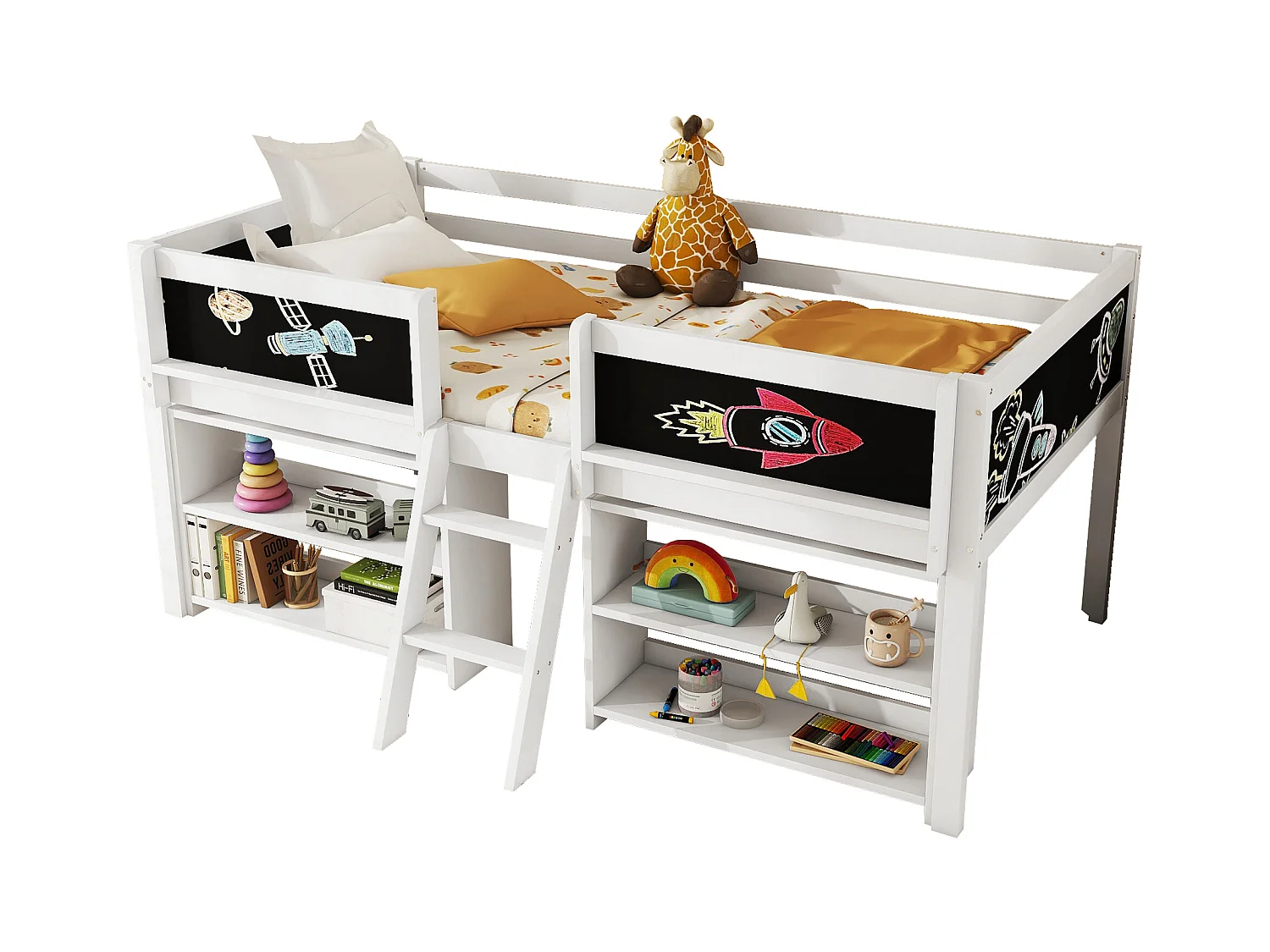 Lit mi-hauteur 90x200 cm - Avec étagères de rangement et échelle - En pin Blanc (sans matelas)