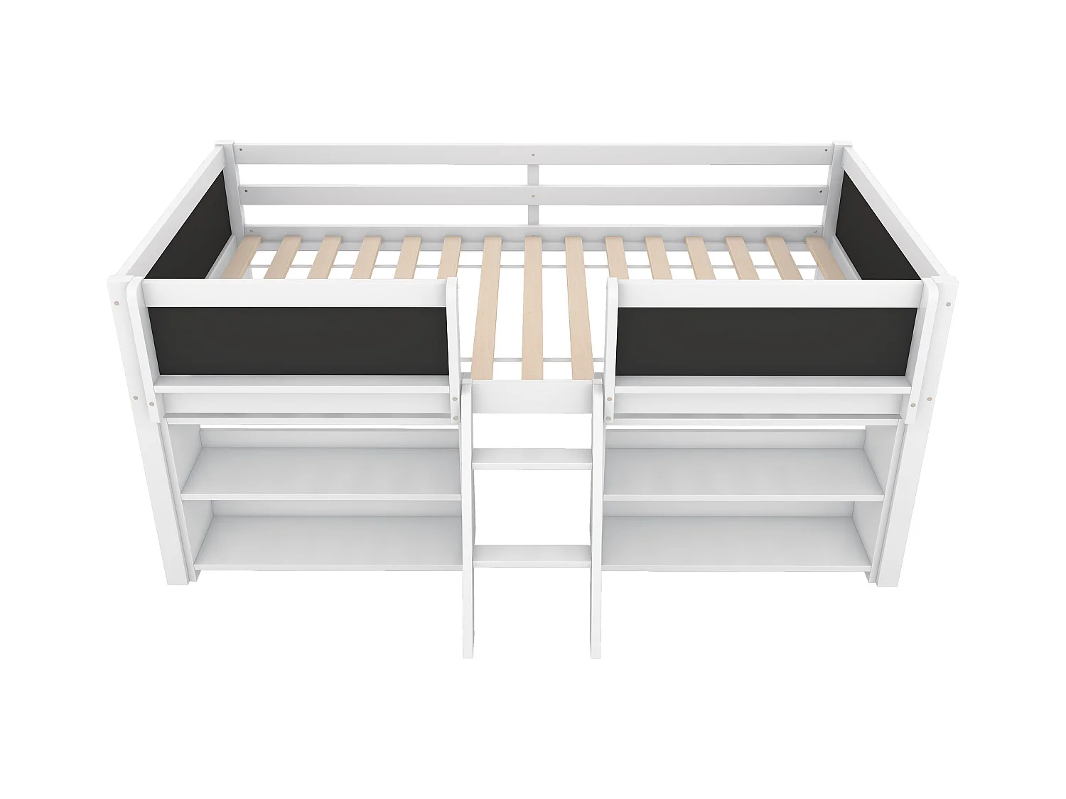 Lit mi-hauteur 90x200 cm - Avec étagères de rangement et échelle - En pin Blanc (sans matelas)