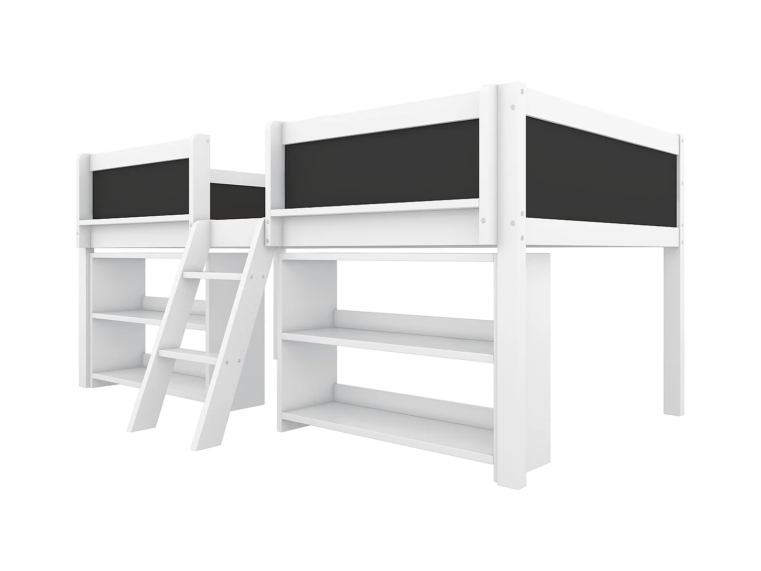 Lit mi-hauteur 90x200 cm - Avec étagères de rangement et échelle - En pin Blanc (sans matelas)