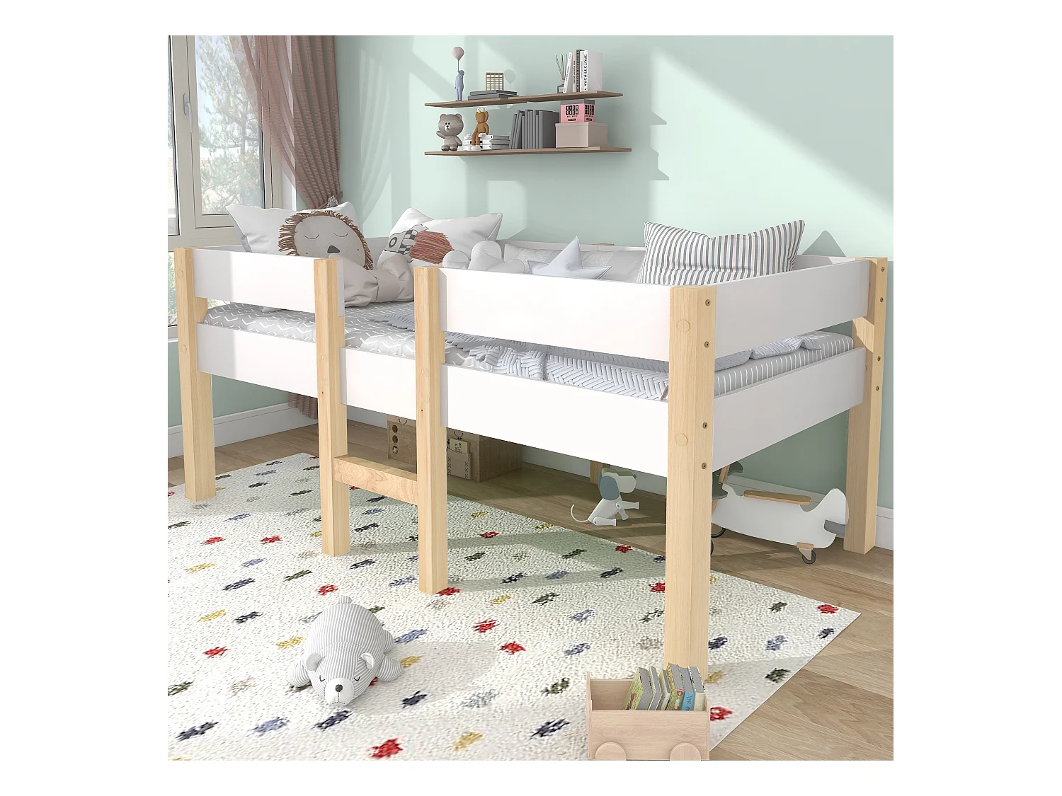 Lit enfant 90x200 cm avec barrière de sécurité, en bois de pin, coloris blanc et chêne(sans matelas)