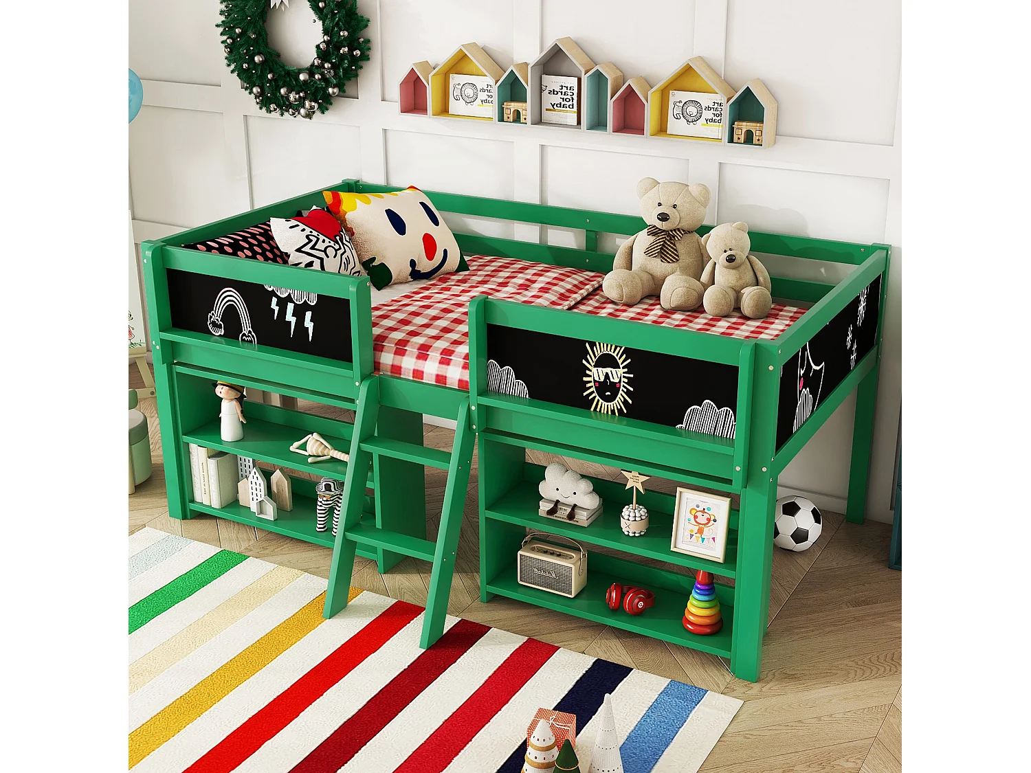 Lit mi-hauteur 90x200 cm en pin vert - lit enfant Plusieurs étagères de rangement et échelle (sans matelas)