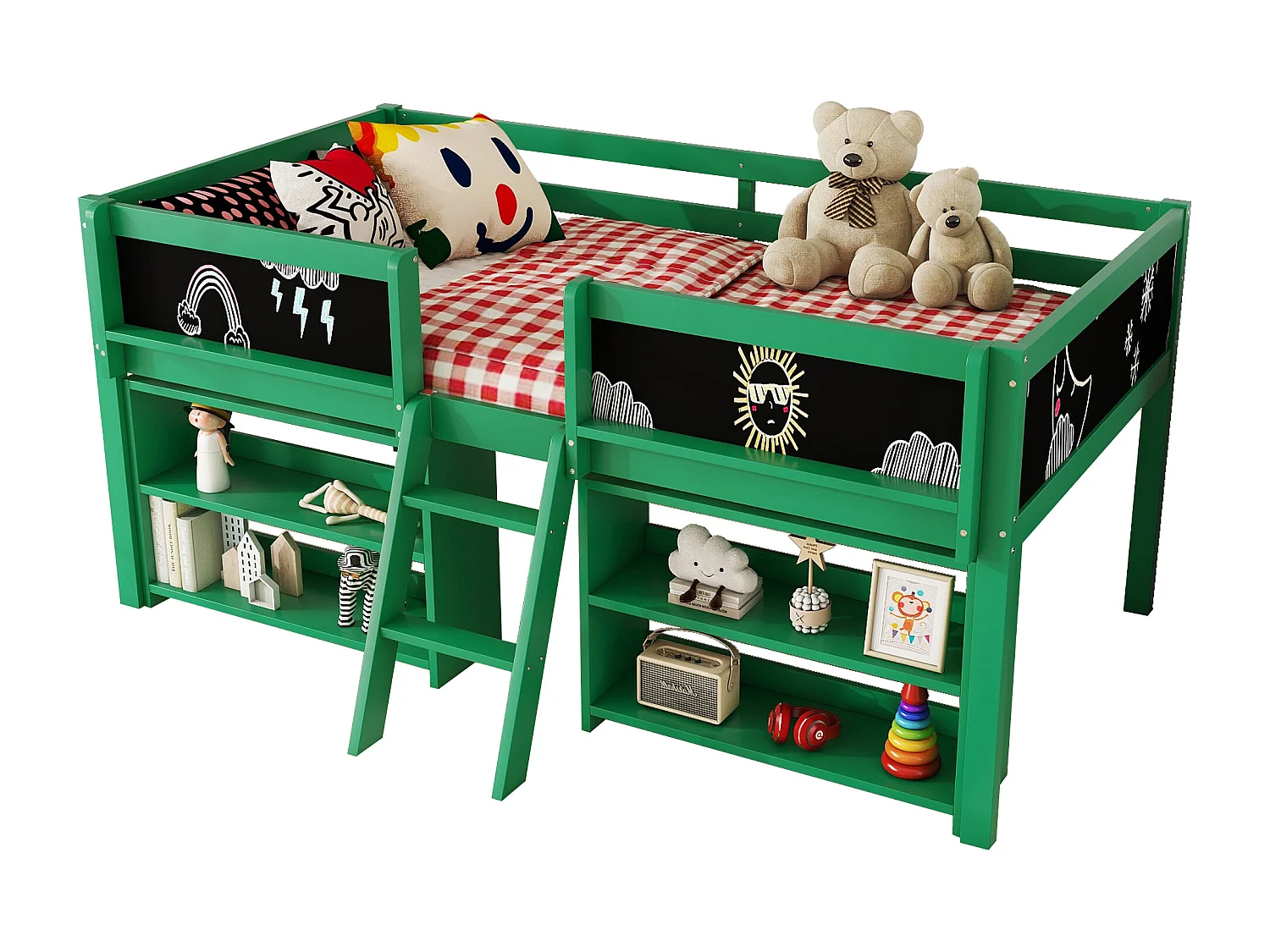 Lit mi-hauteur 90x200 cm en pin vert - lit enfant Plusieurs étagères de rangement et échelle (sans matelas)
