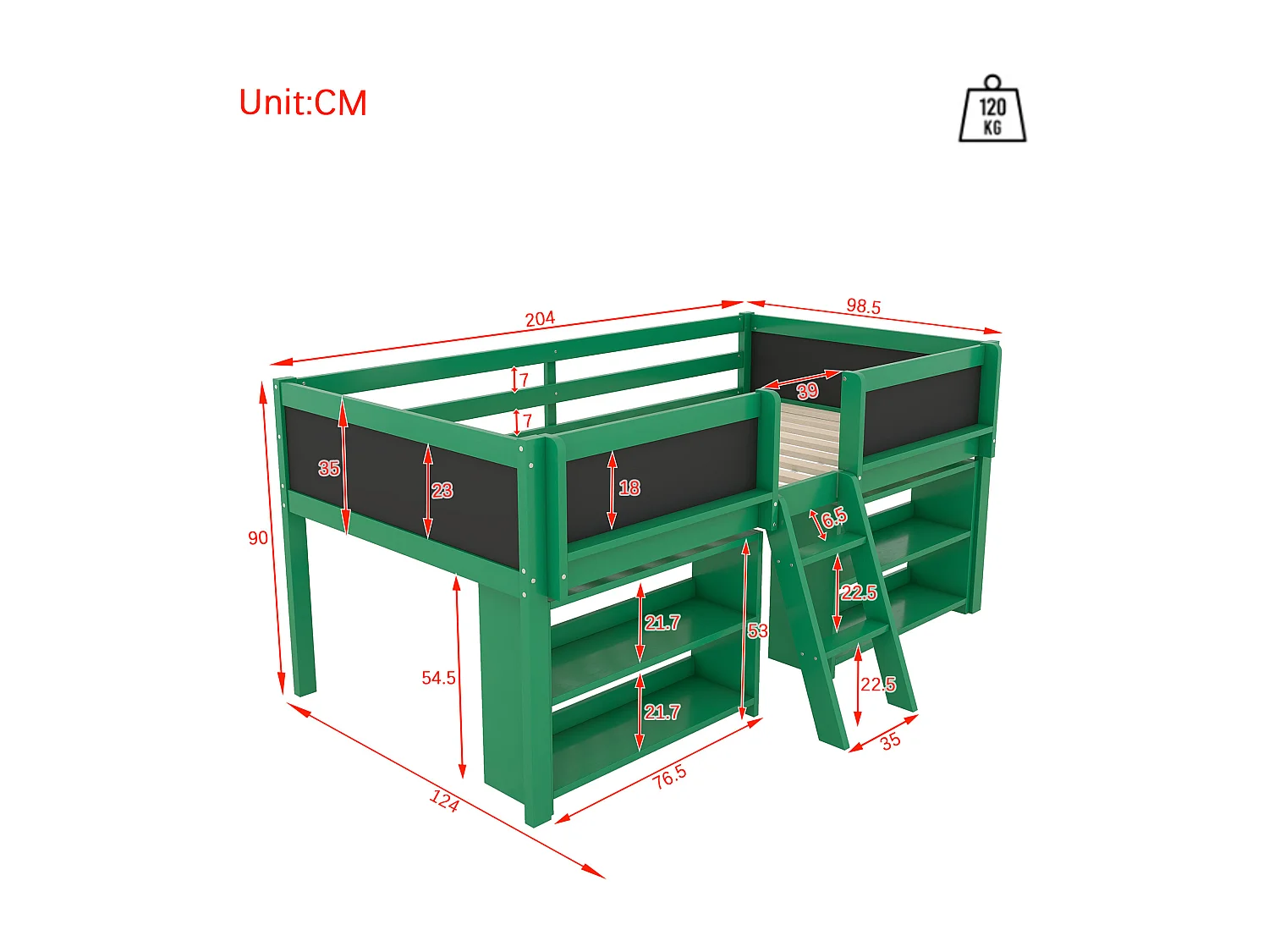 Lit mi-hauteur 90x200 cm en pin vert - lit enfant Plusieurs étagères de rangement et échelle (sans matelas)